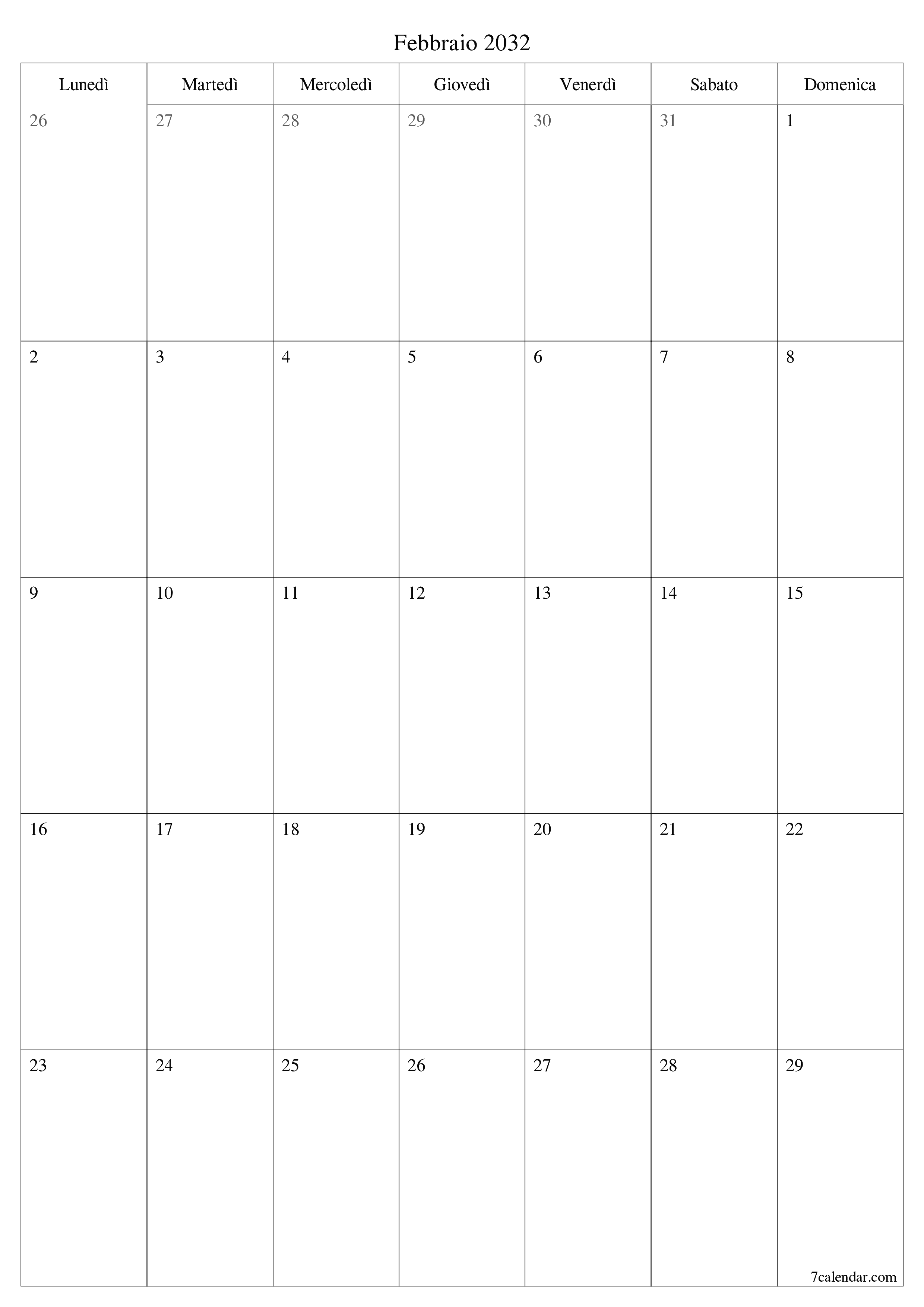 Pianificatore mensile vuoto per il mese Febbraio 2032 con note, salva e stampa in PDF PNG Italian