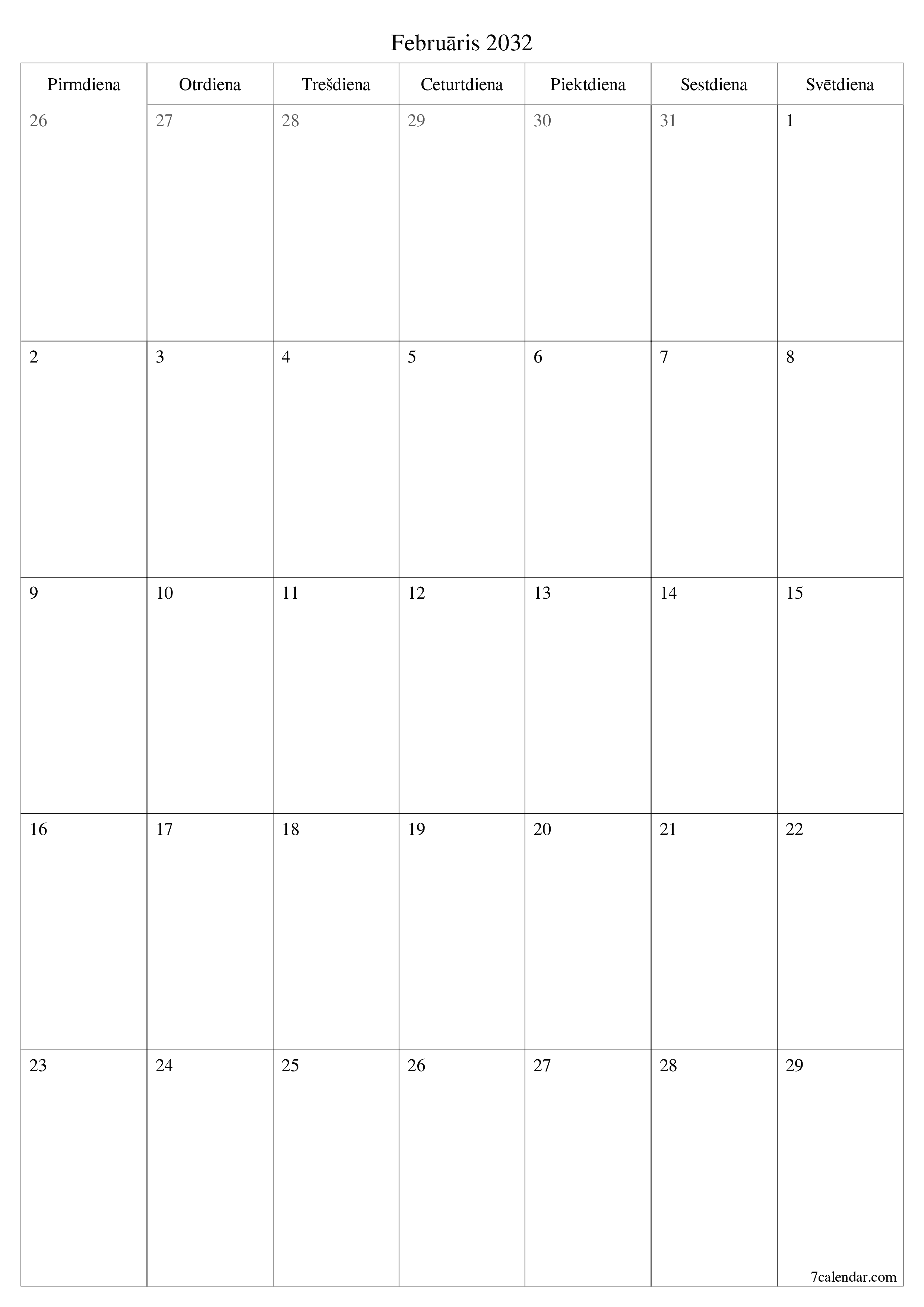 izdrukājams sienas kalendāra veidne bezmaksas vertikāli Mēneša plānotājs kalendārs Februāris (Feb) 2032