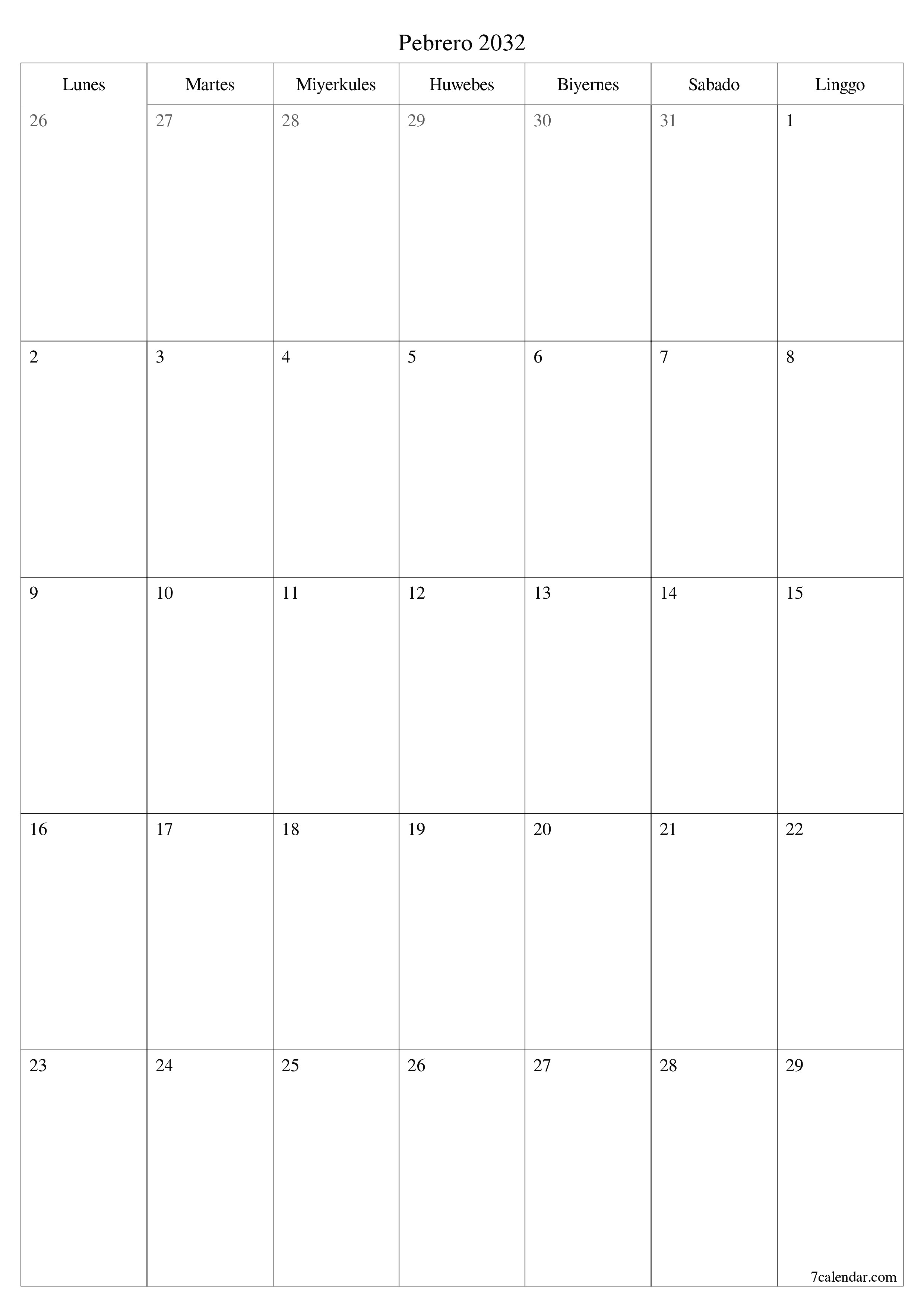 Walang laman na buwanang tagaplano para sa buwan na Pebrero 2032 na may mga tala, i-save at i-print sa PDF PNG Filipino