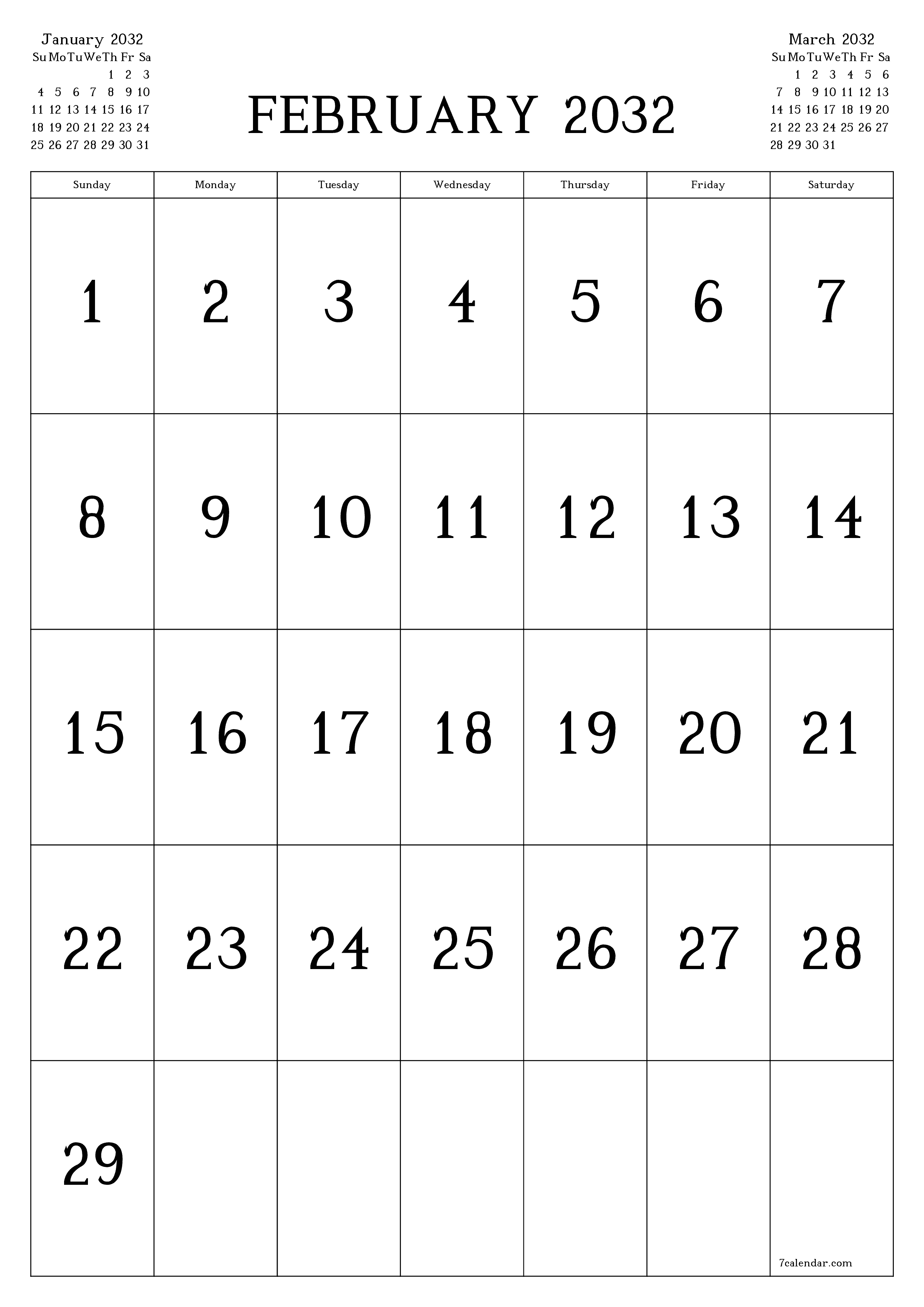 Blank calendar February 2032