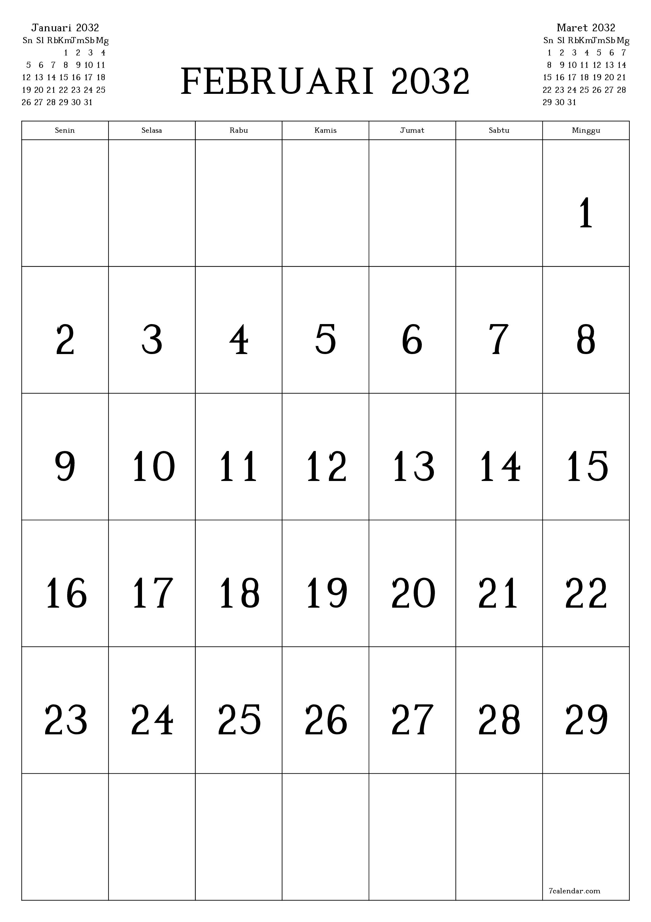 Kosongkan agenda bulanan untuk bulan Februari 2032 dengan catatan, simpan dan cetak ke PDF PNG Indonesian