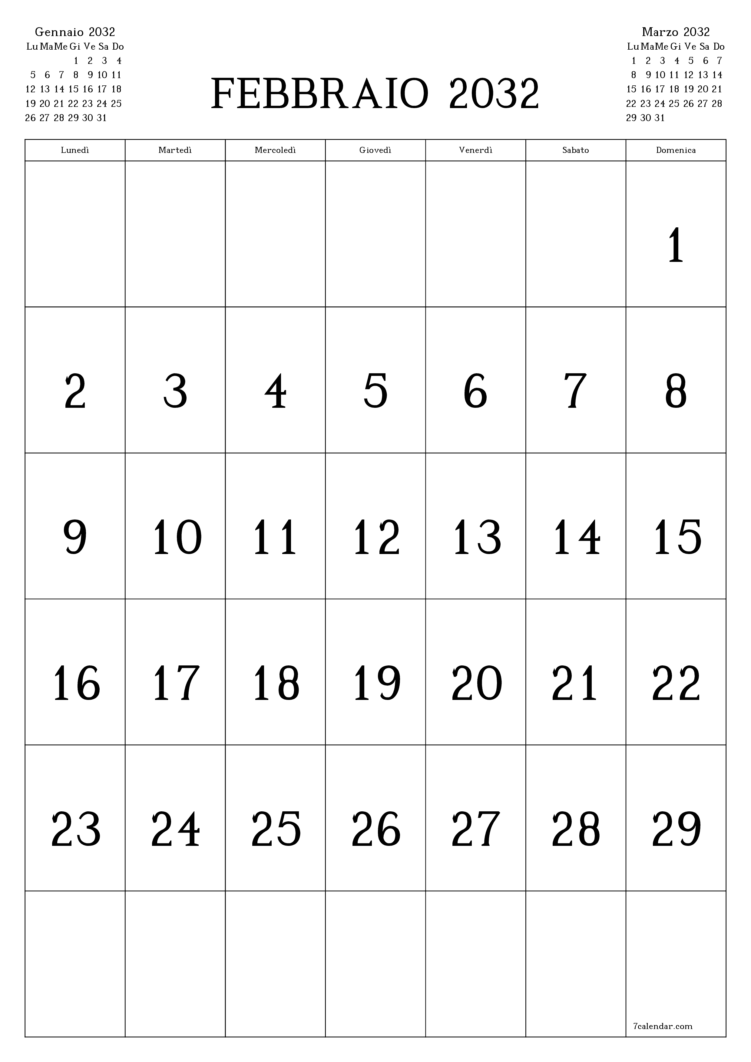 Pianificatore mensile vuoto per il mese Febbraio 2032 con note, salva e stampa in PDF PNG Italian
