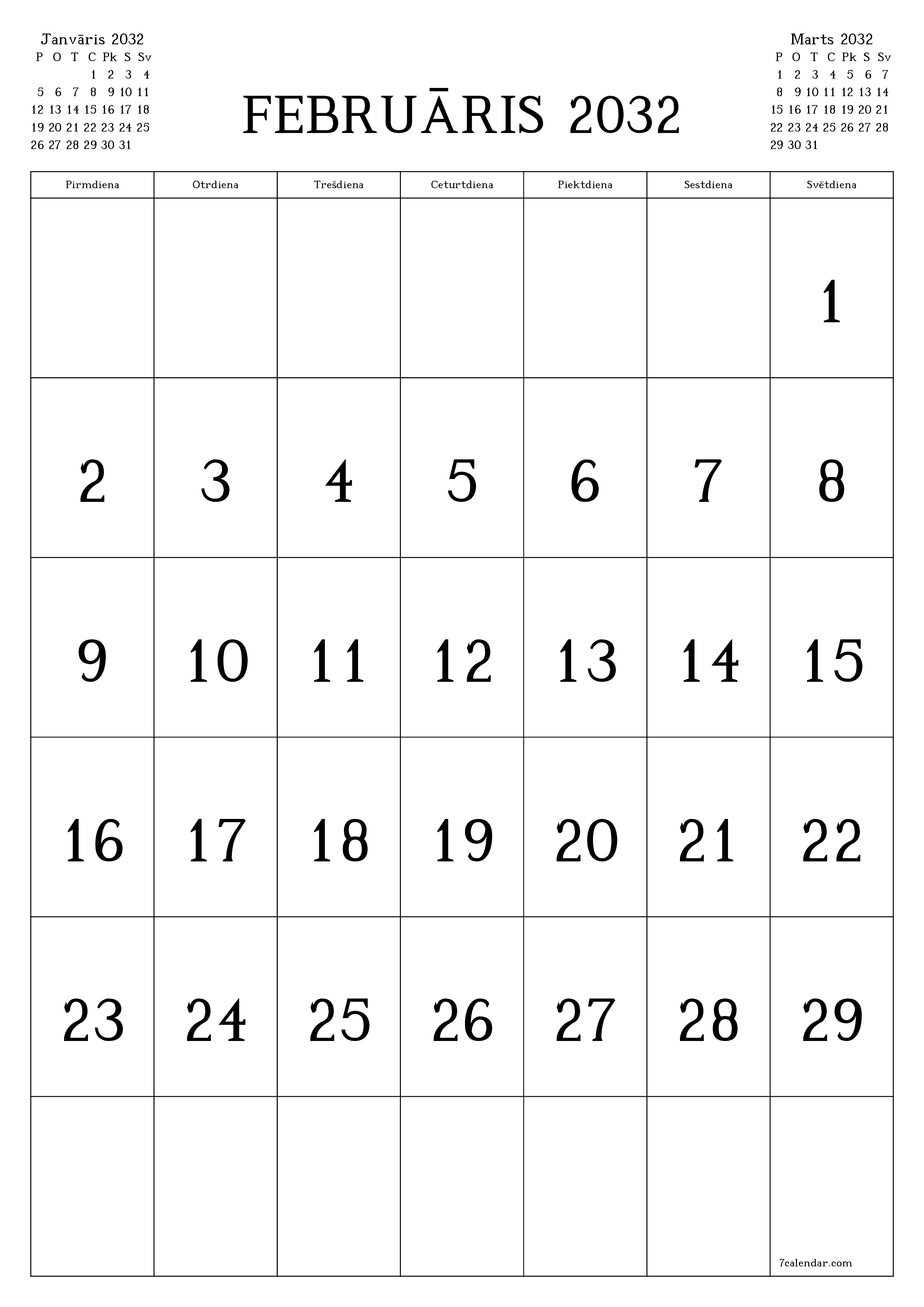 izdrukājams sienas kalendāra veidne bezmaksas vertikāli Mēneša kalendārs Februāris (Feb) 2032