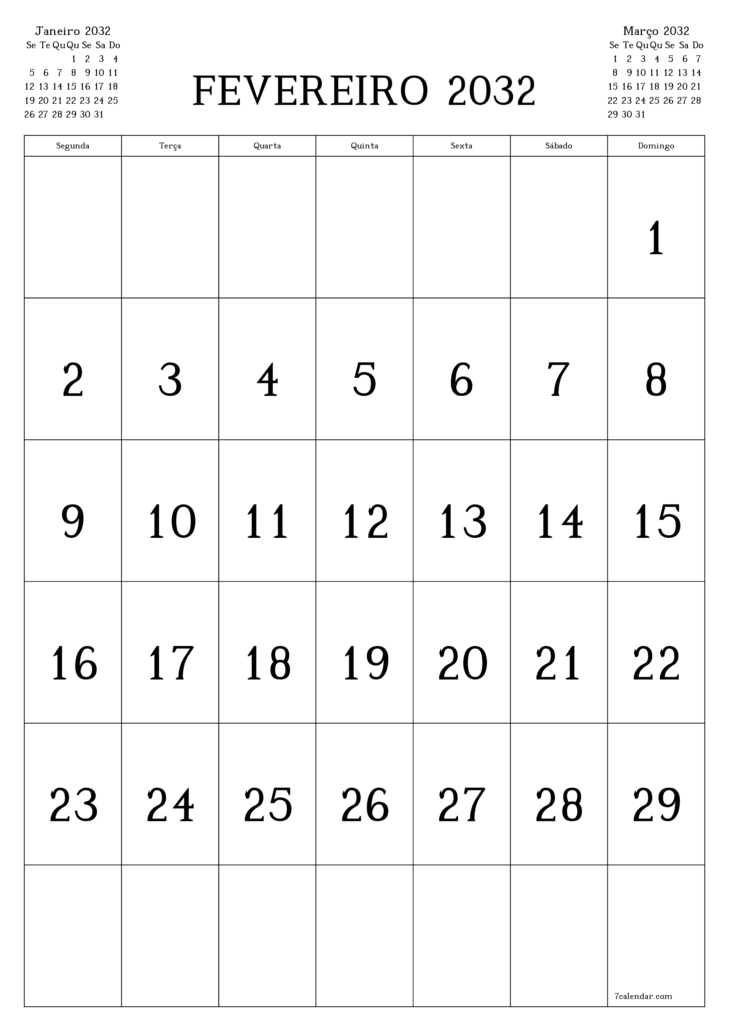  para impressão de parede modelo de grátisvertical Mensal calendário Fevereiro (Fev) 2032