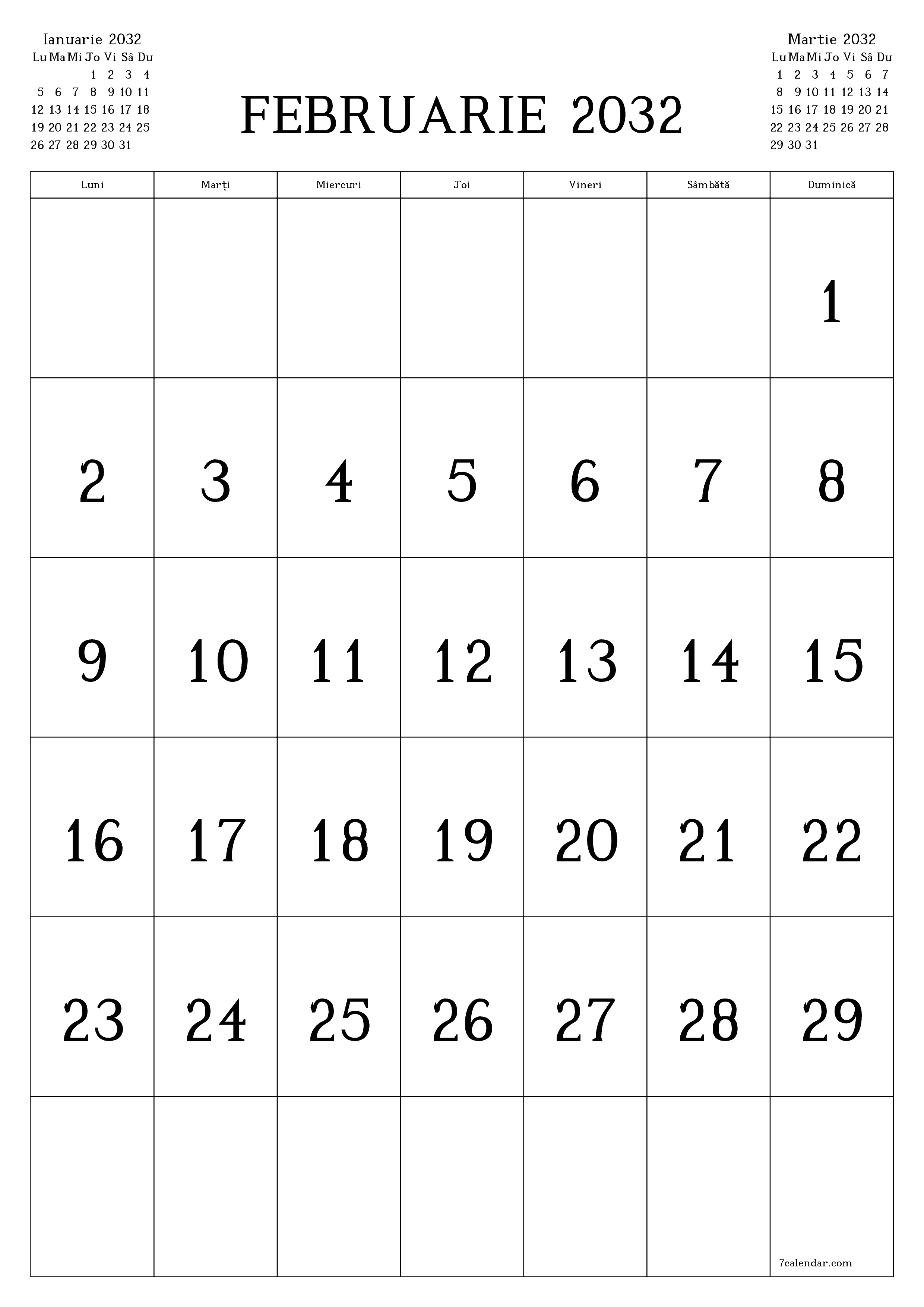  imprimabil de perete șablon de gratuitvertical Lunar calendar Februarie (Feb) 2032