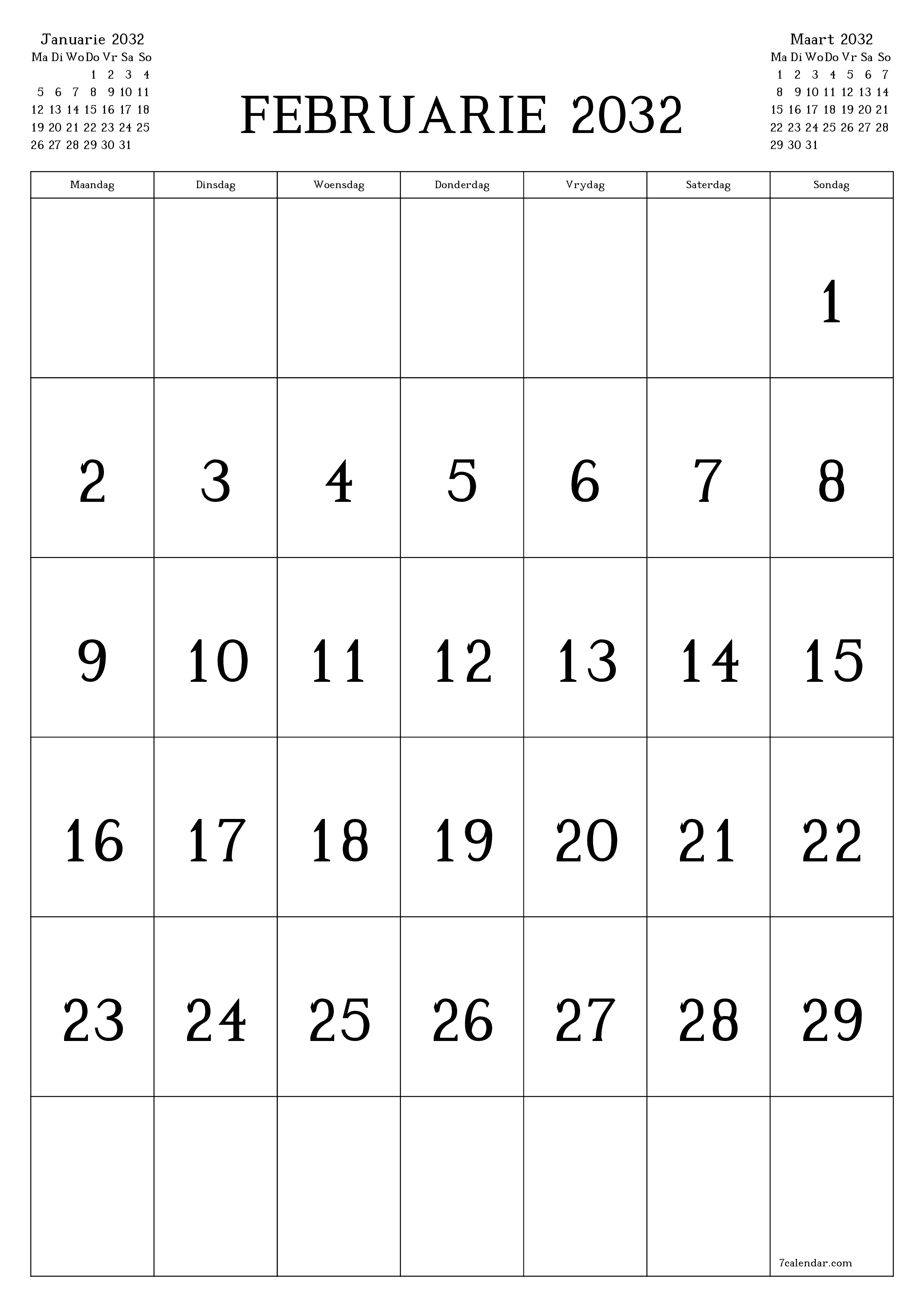 Leë maandelikse drukbare kalender en beplanner vir maand Februarie 2032 met notas stoor en druk na PDF PNG Afrikaans