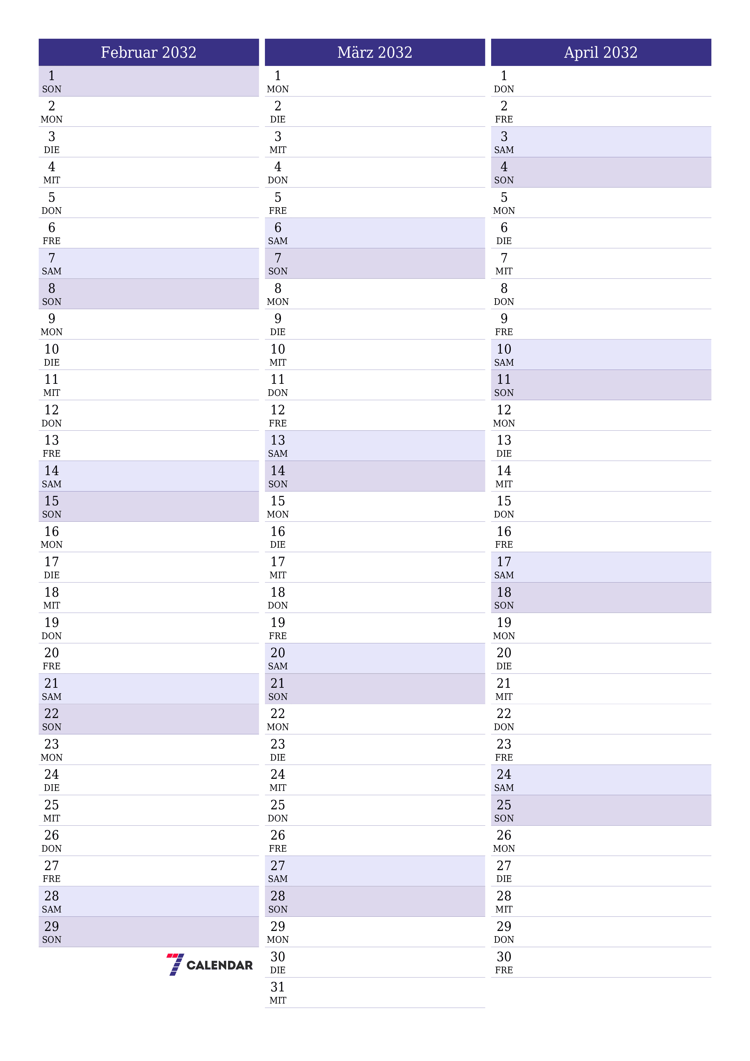  zum Ausdrucken Wandkalender vorlage kostenloser vertikal Monatlich Planer Kalender Februar (Feb) 2032