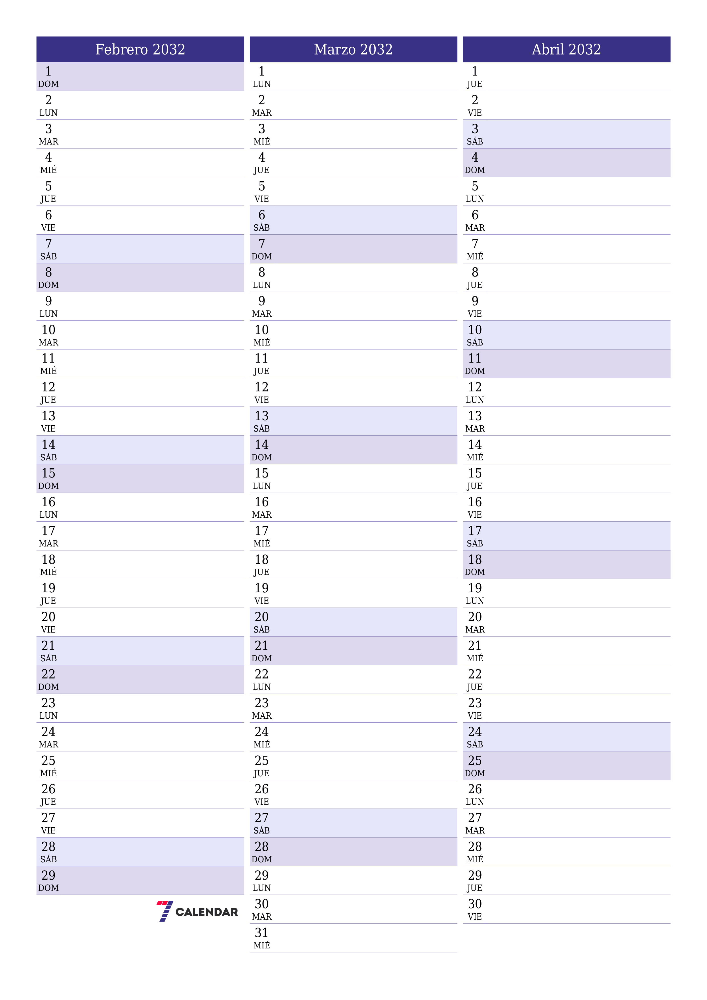  imprimible de pared plantilla de gratisvertical Mensual planificador calendario Febrero (Feb) 2032