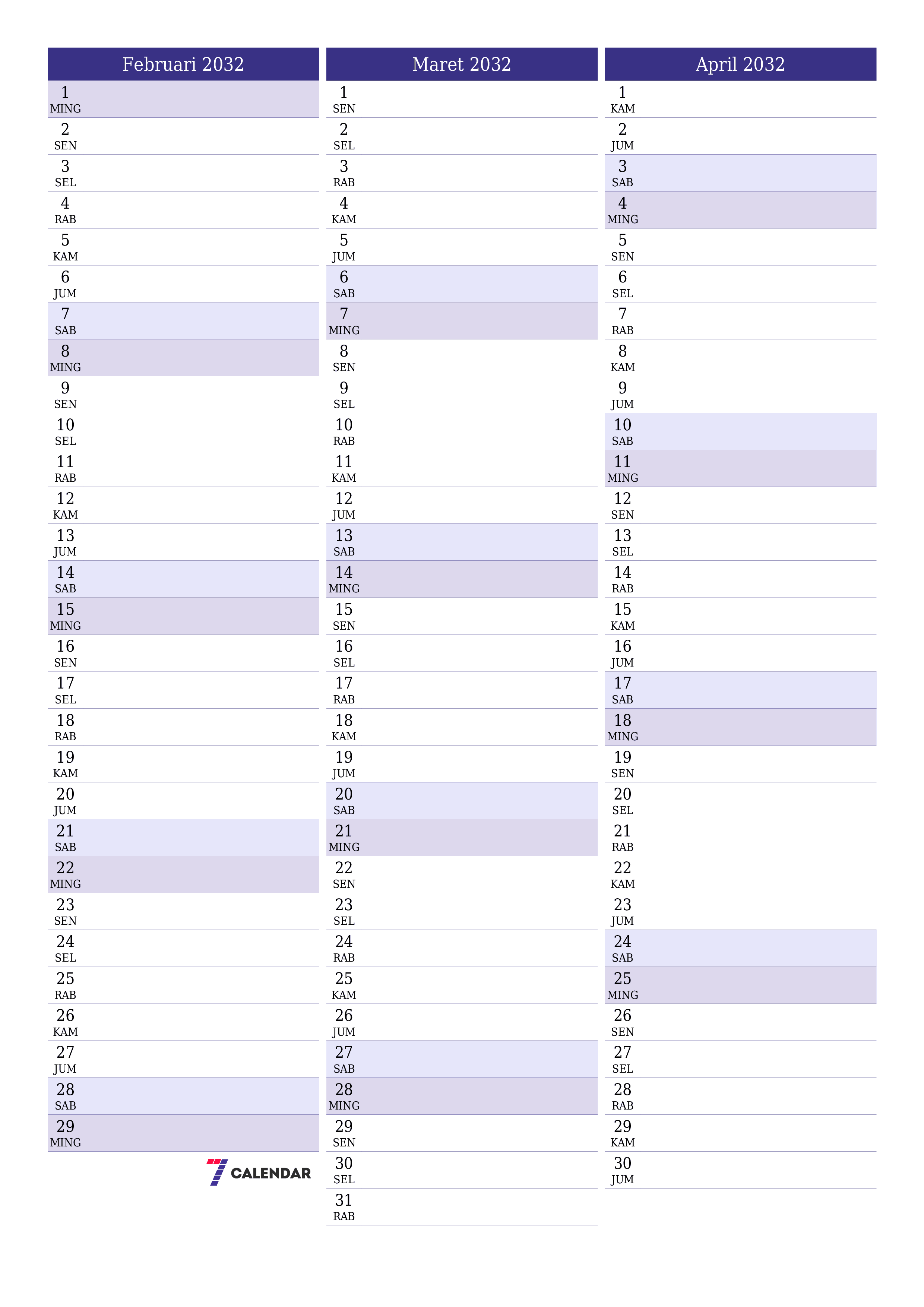 Kosongkan agenda bulanan untuk bulan Februari 2032 dengan catatan, simpan dan cetak ke PDF PNG Indonesian