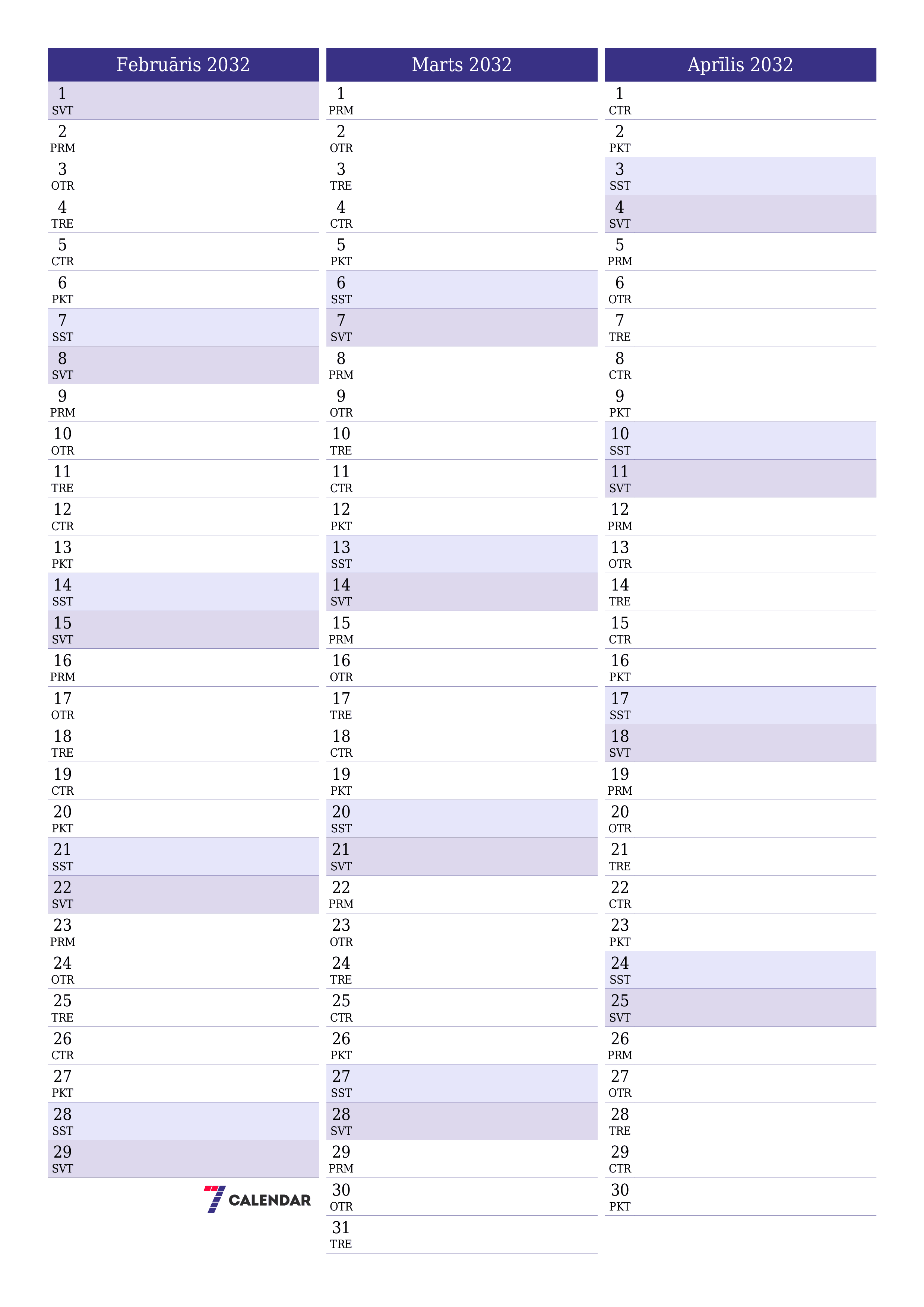 izdrukājams sienas kalendāra veidne bezmaksas vertikāli Mēneša plānotājs kalendārs Februāris (Feb) 2032