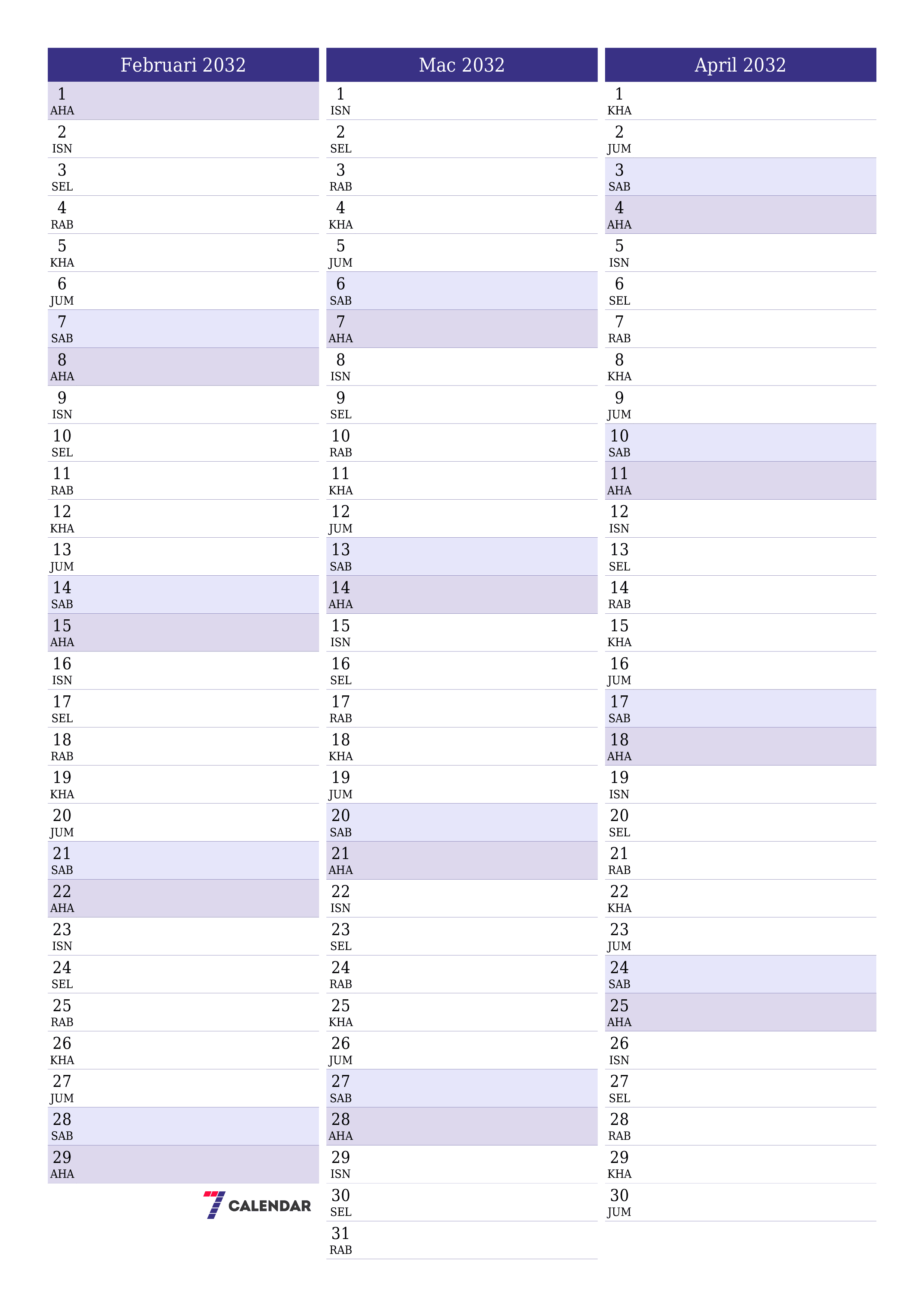 Perancang bulanan kosong untuk bulan Februari 2032 dengan nota, simpan dan cetak ke PDF PNG Malay