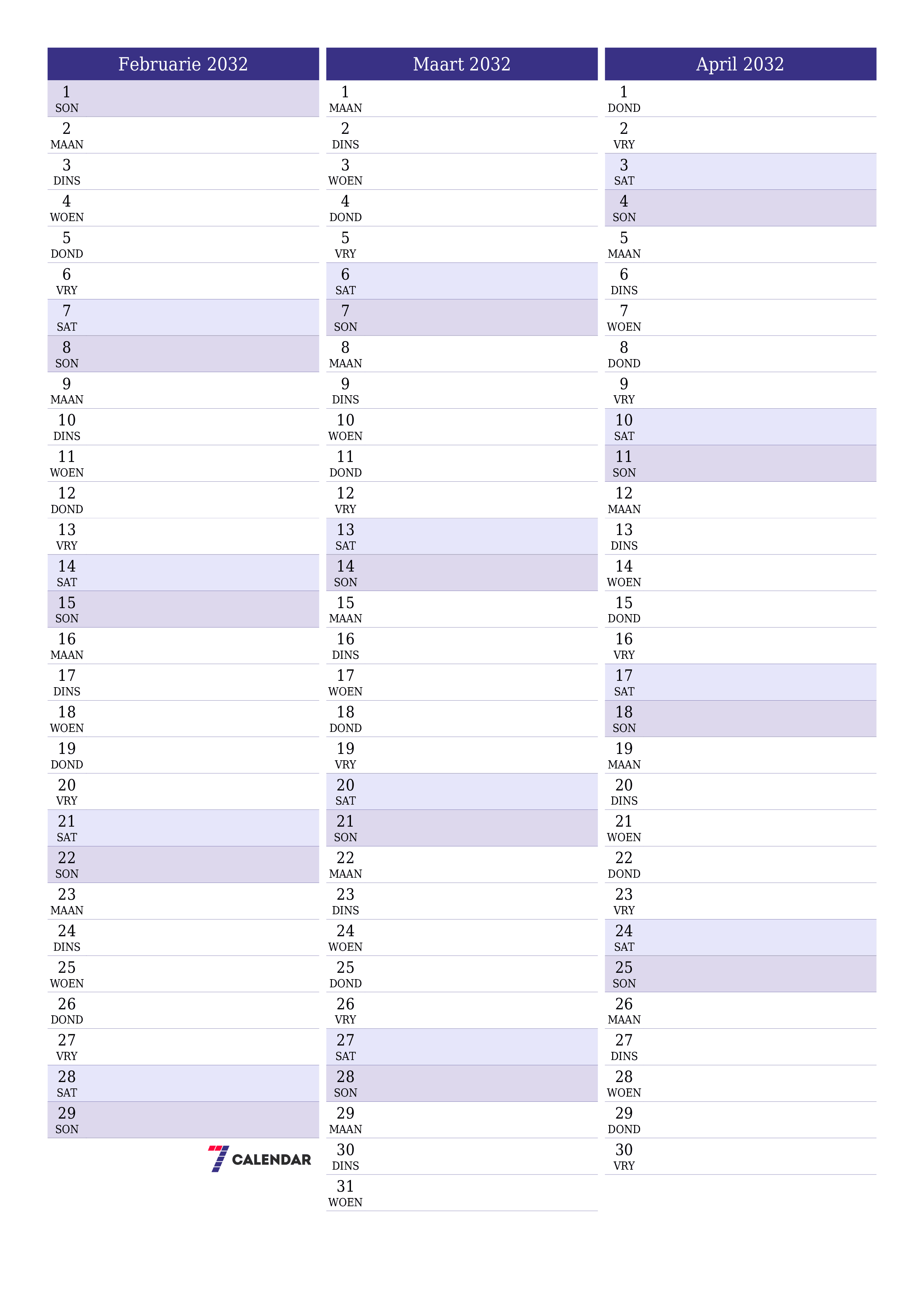 Leë maandelikse drukbare kalender en beplanner vir maand Februarie 2032 met notas stoor en druk na PDF PNG Afrikaans