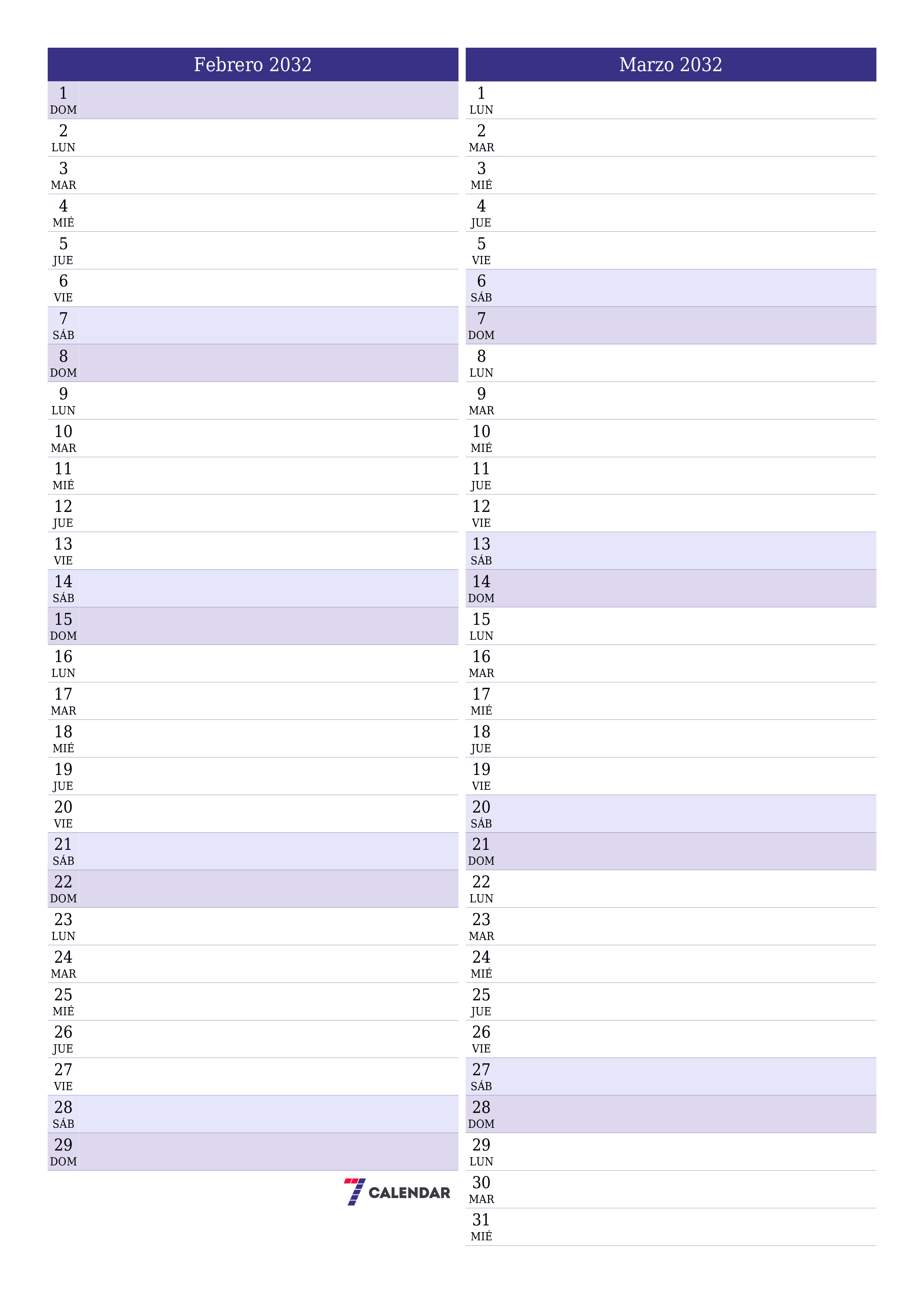  imprimible de pared plantilla de gratisvertical Mensual planificador calendario Febrero (Feb) 2032