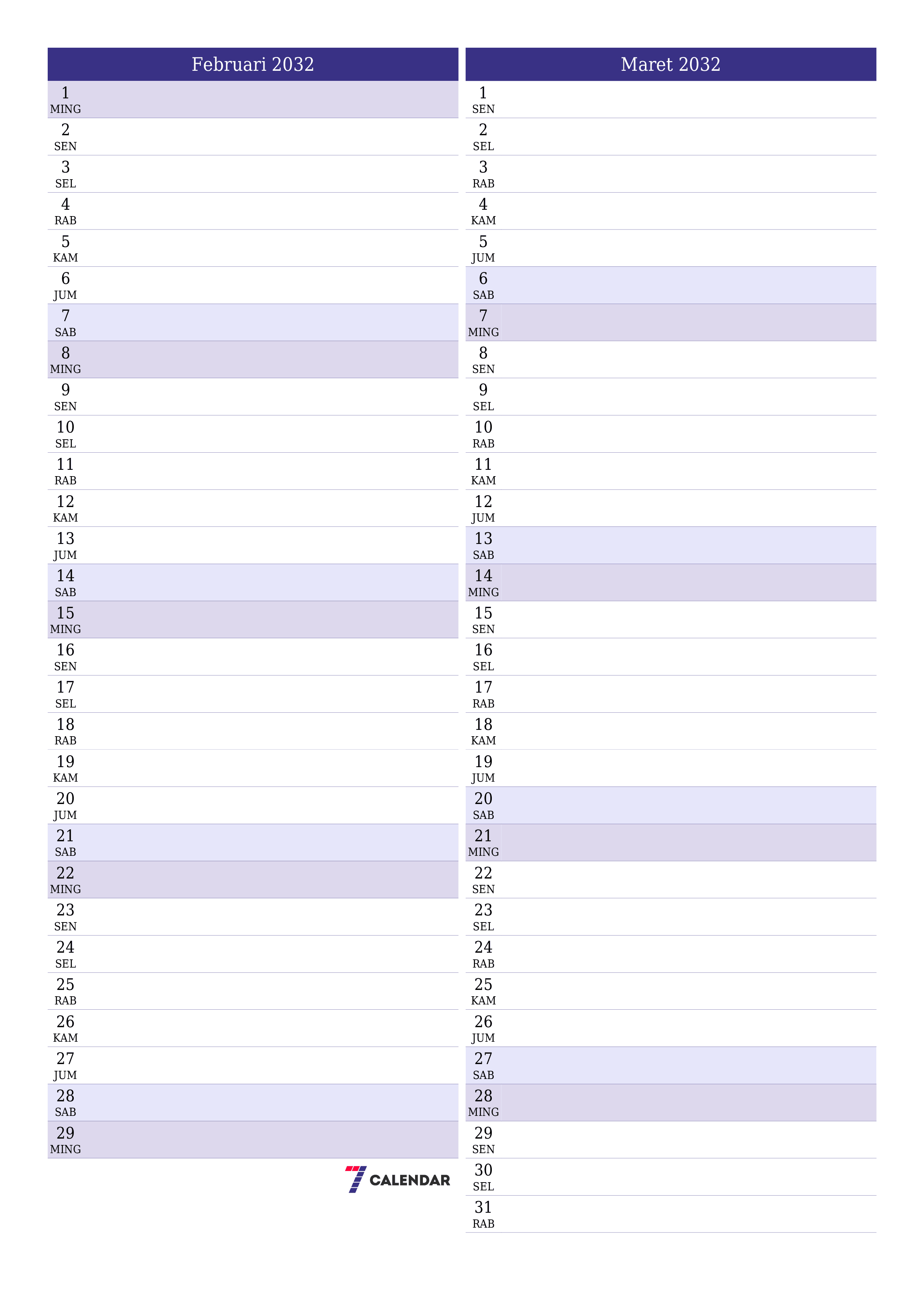 Kosongkan agenda bulanan untuk bulan Februari 2032 dengan catatan, simpan dan cetak ke PDF PNG Indonesian