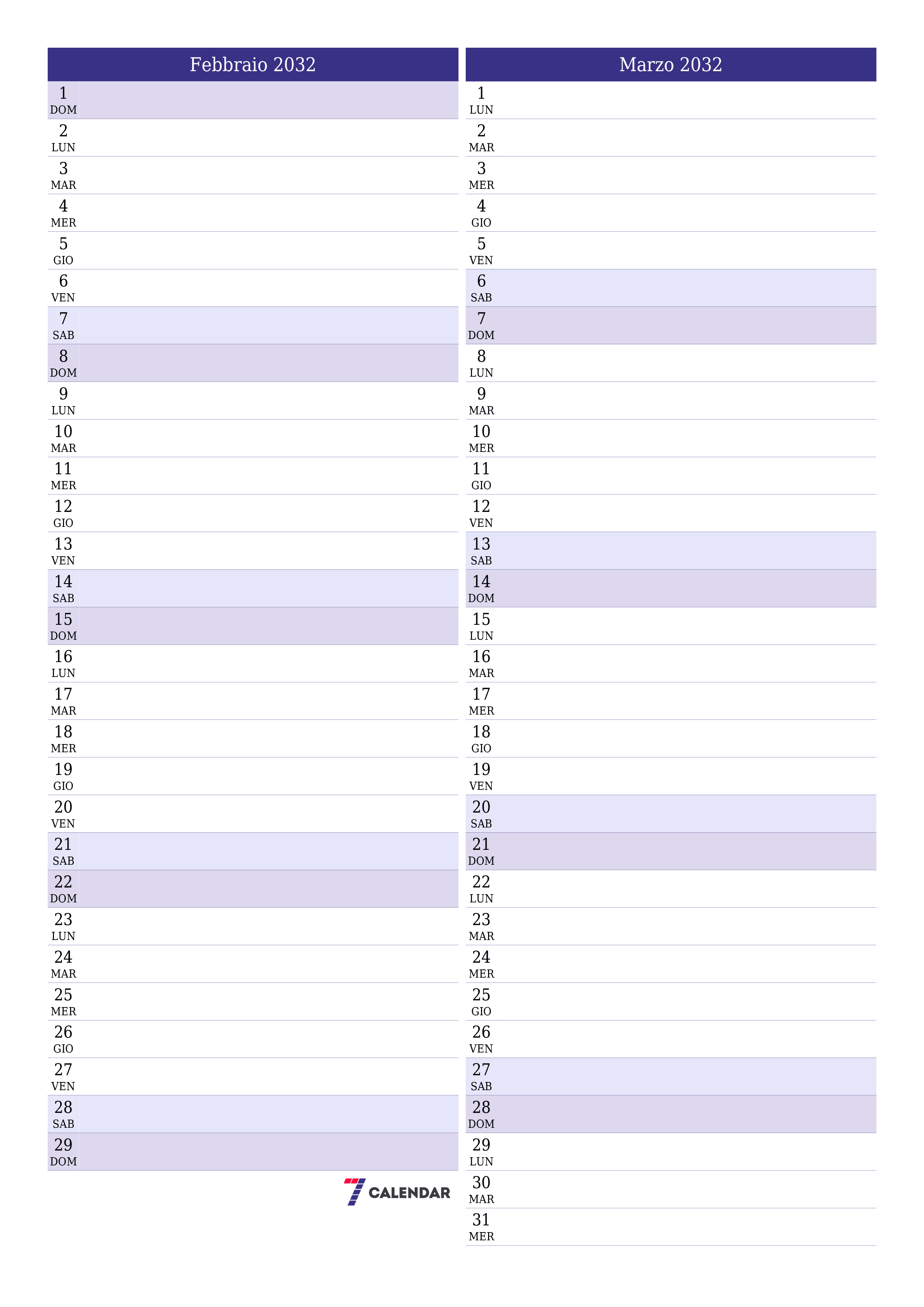 Pianificatore mensile vuoto per il mese Febbraio 2032 con note, salva e stampa in PDF PNG Italian