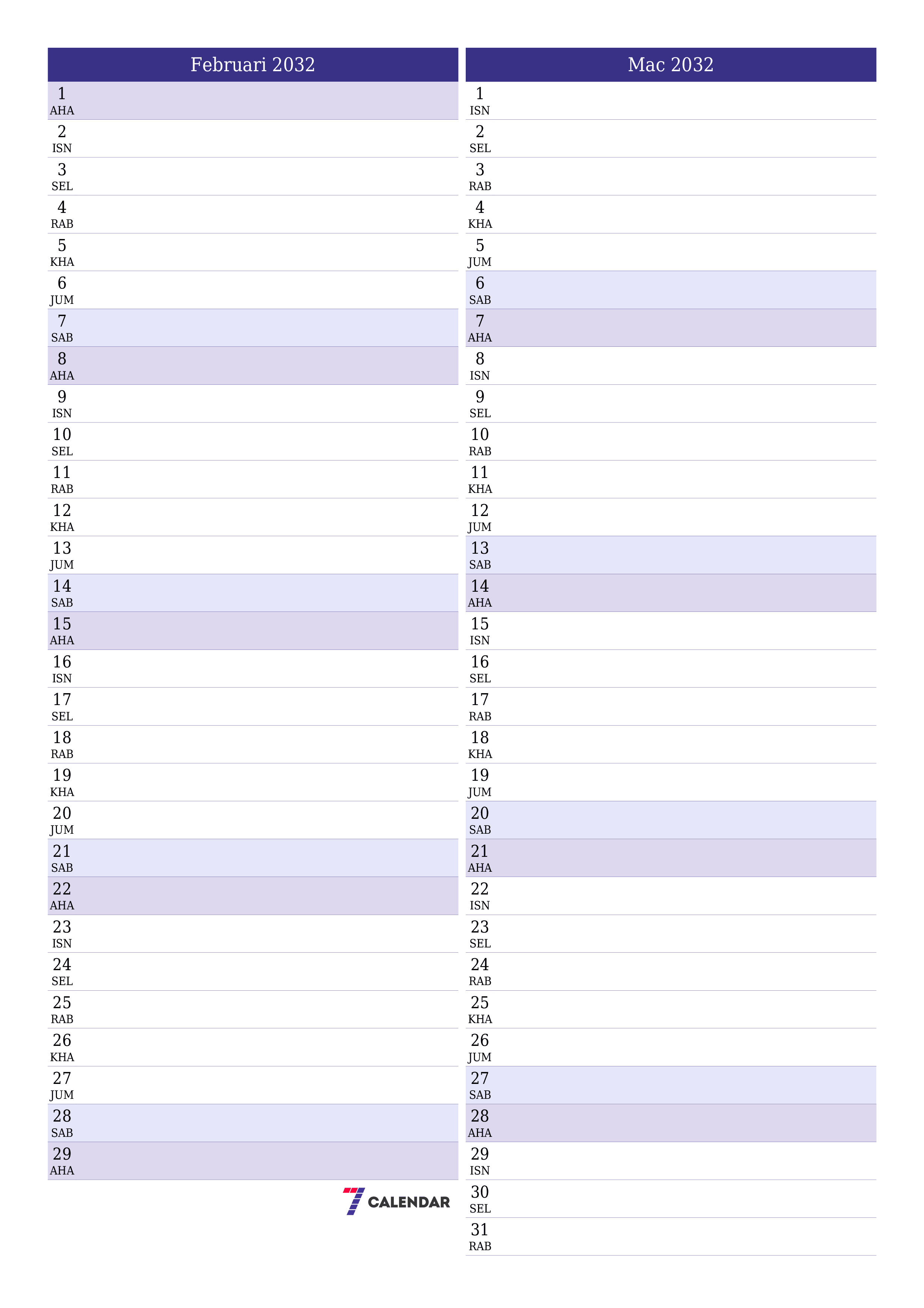 Perancang bulanan kosong untuk bulan Februari 2032 dengan nota, simpan dan cetak ke PDF PNG Malay
