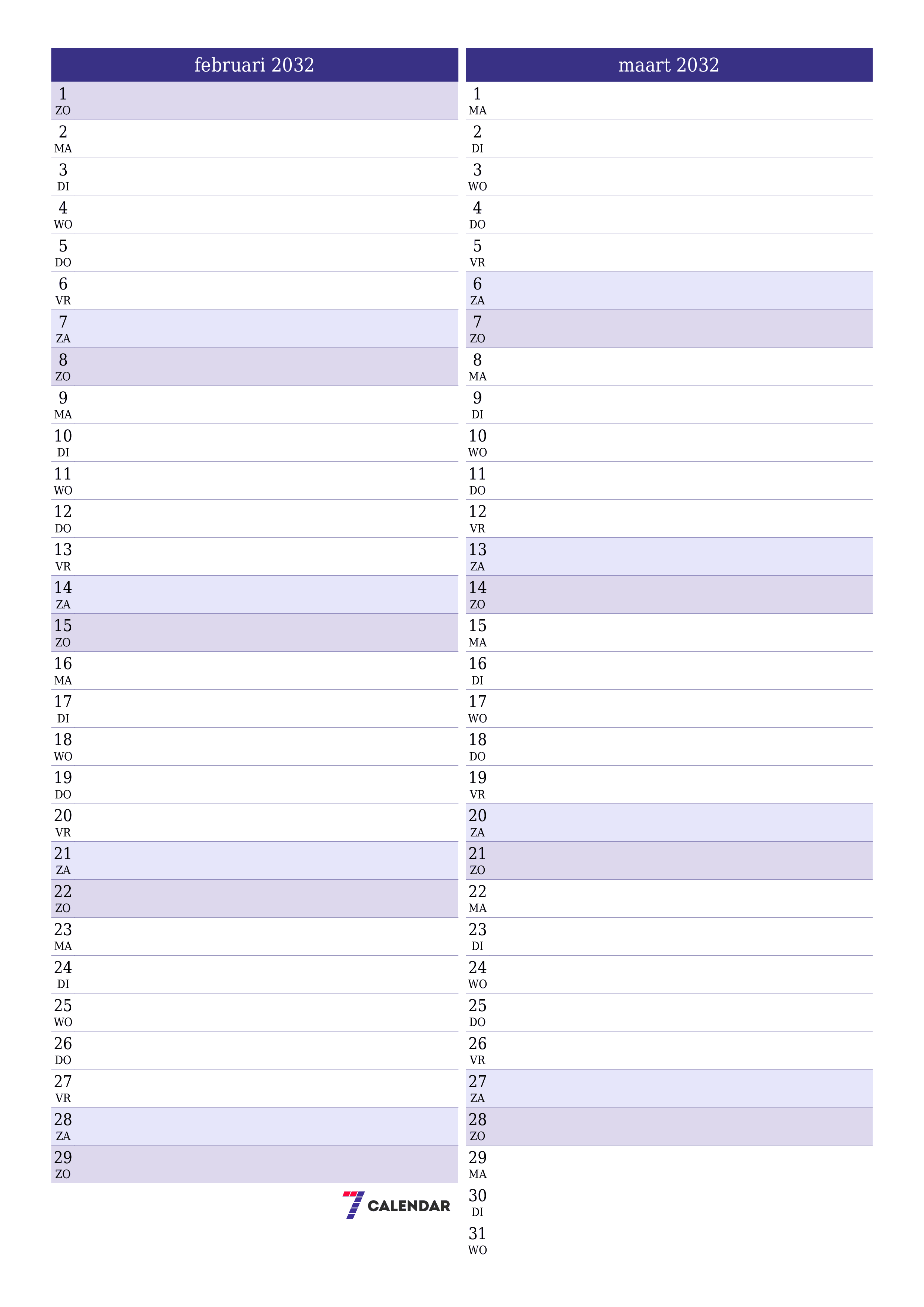 afdrukbare muur sjabloon gratis verticaal Maandelijks planner kalender februari (feb) 2032