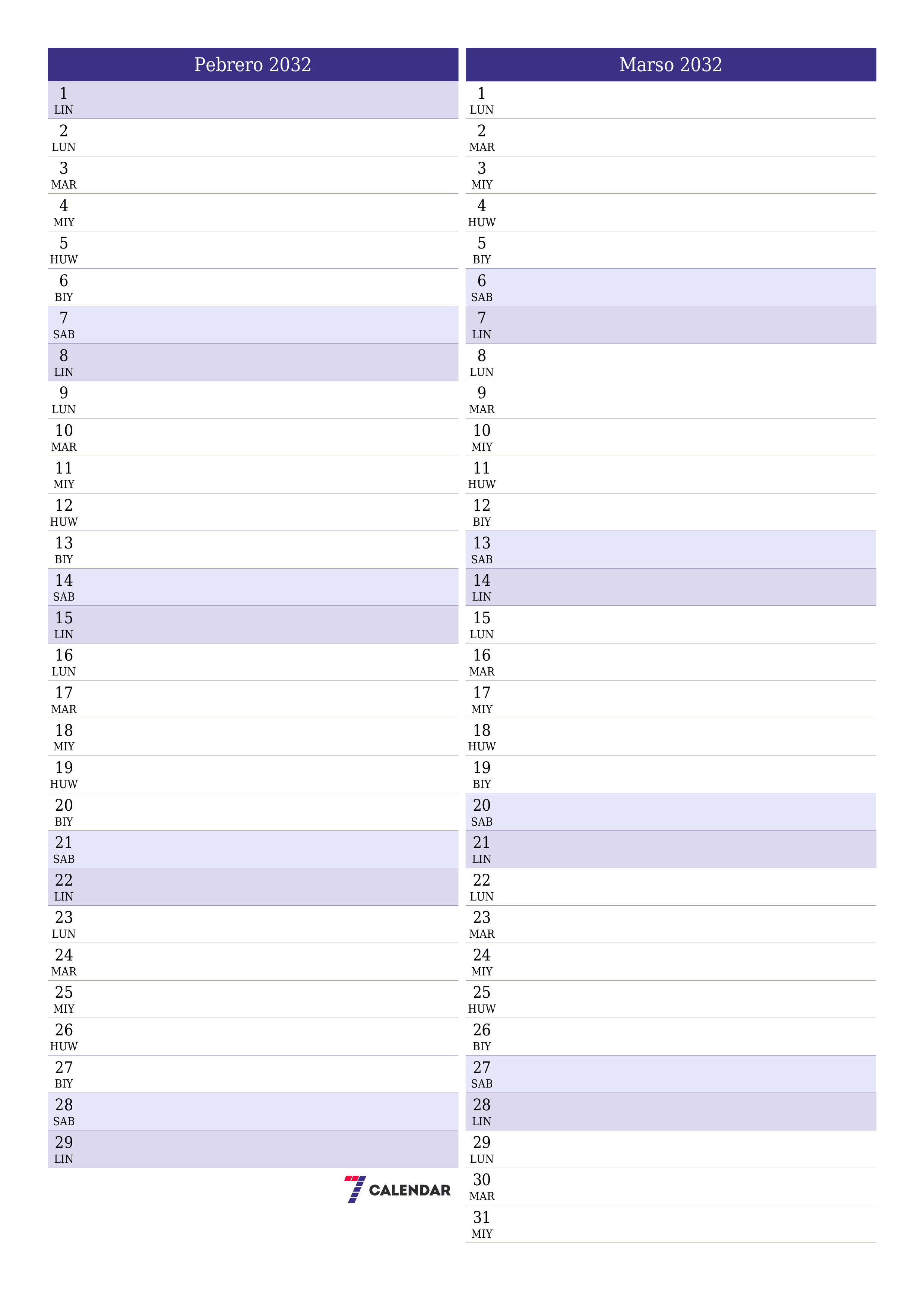 Walang laman na buwanang tagaplano para sa buwan na Pebrero 2032 na may mga tala, i-save at i-print sa PDF PNG Filipino