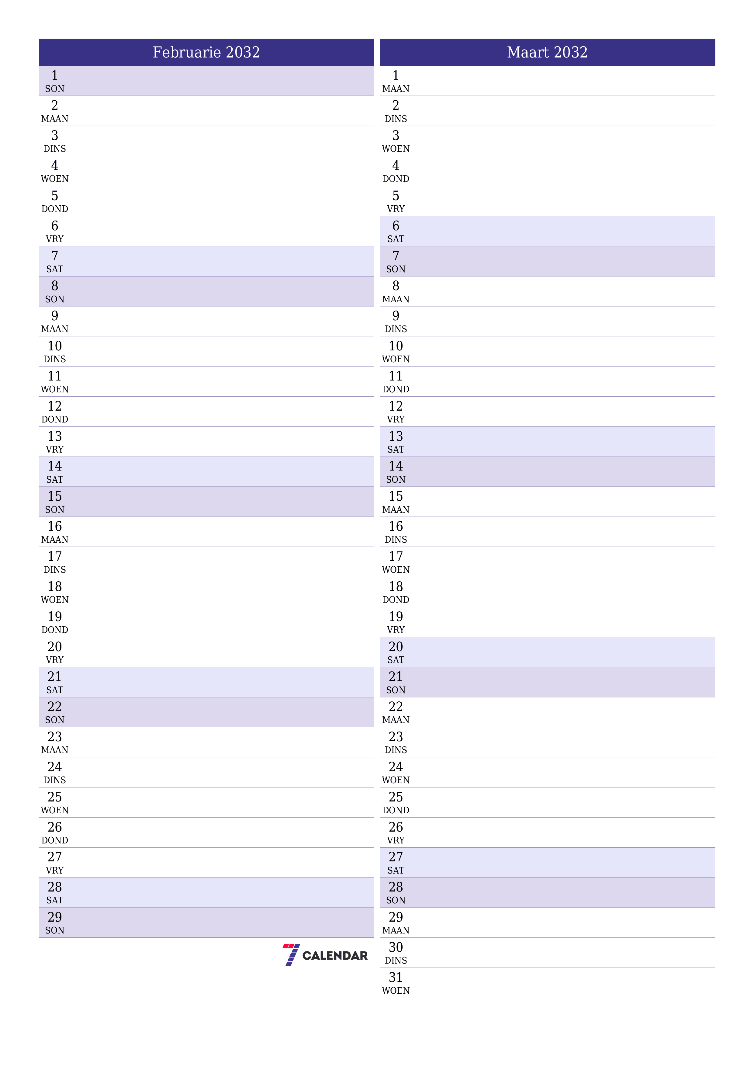 Leë maandelikse drukbare kalender en beplanner vir maand Februarie 2032 met notas stoor en druk na PDF PNG Afrikaans