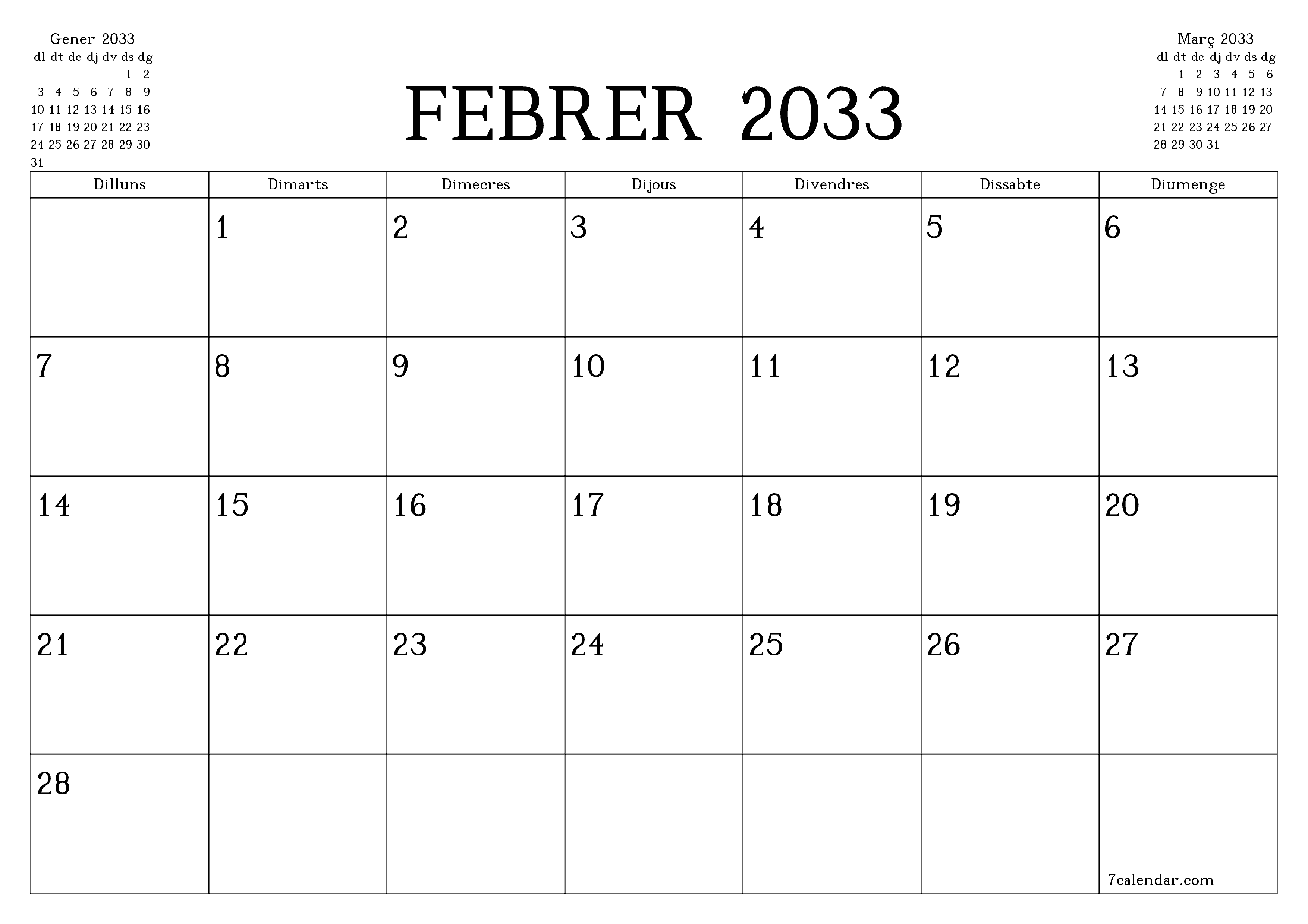 Planificador mensual buit del mes Febrer 2033 amb notes, deseu-lo i imprimiu-lo en format PDF PNG Catalan