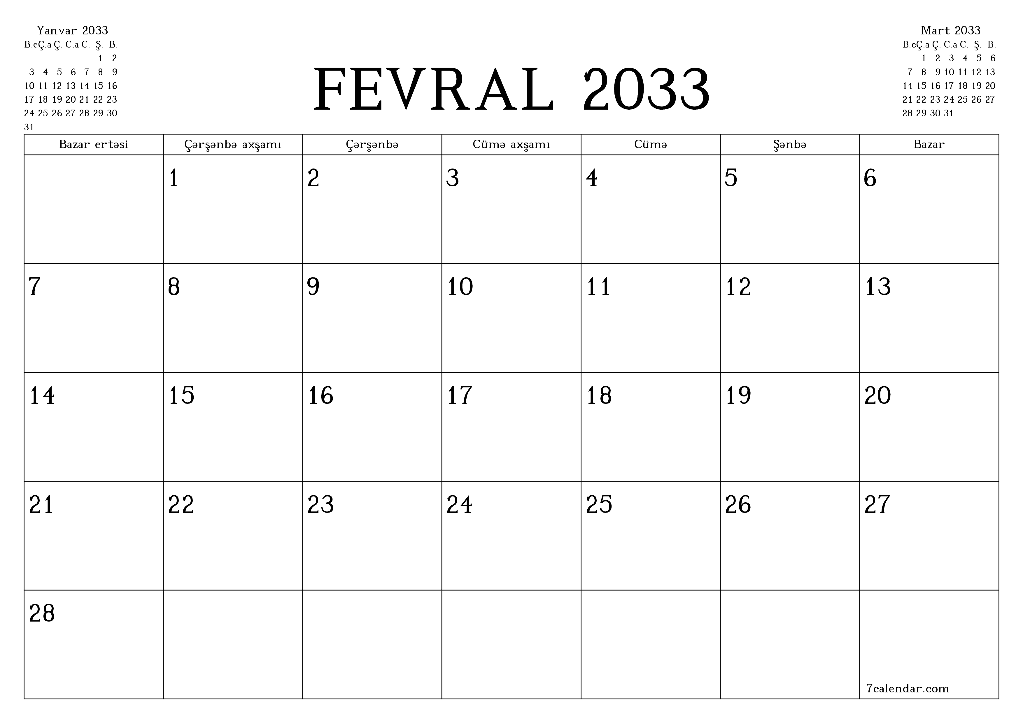 Fevral 2033 ayı üçün qeydlər ilə boş aylıq planlayıcı, qeyd edin və PDF-ə yazdırın PNG Azerbaijani