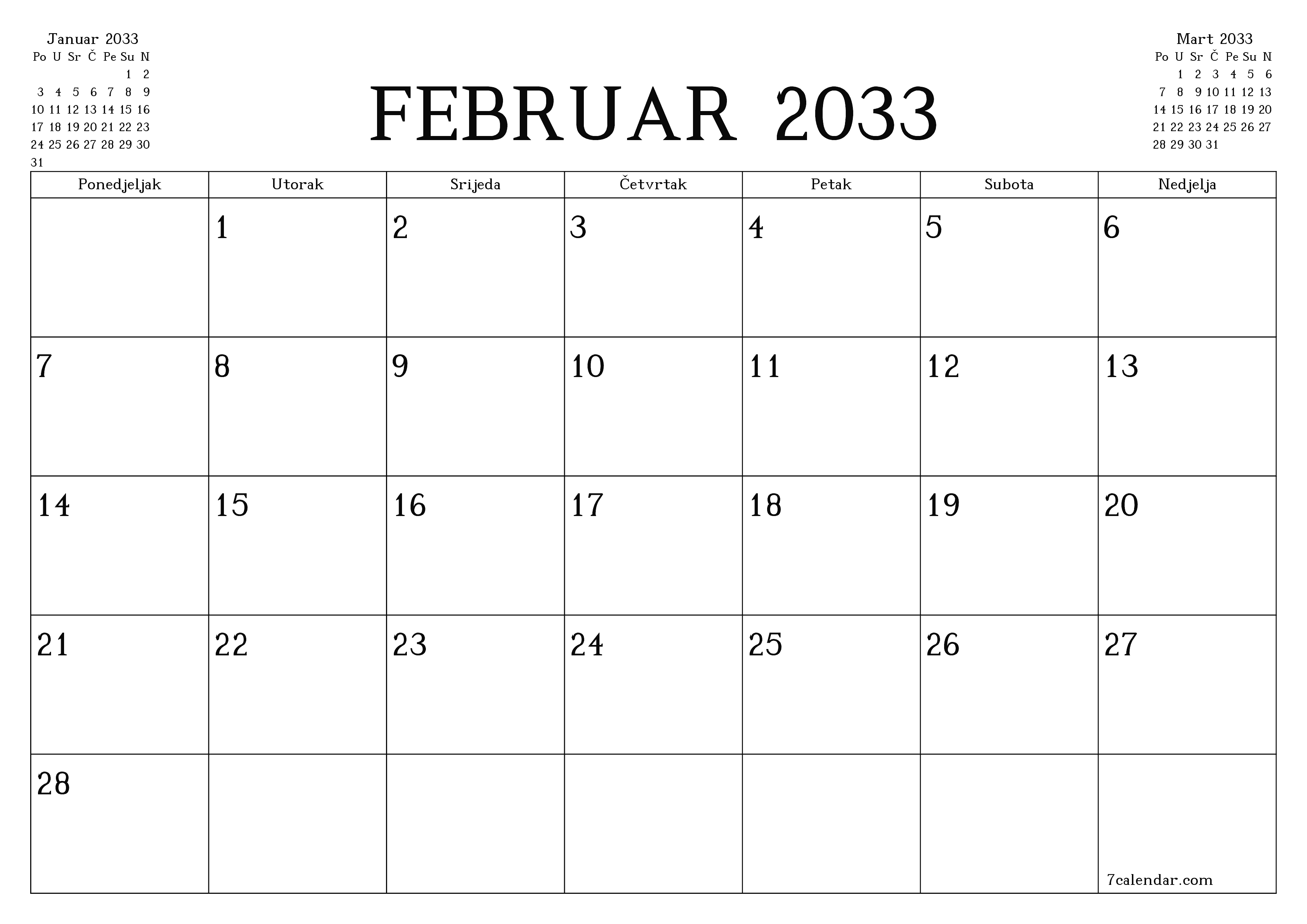Ispraznite mjesečni planer za mjesec Februar 2033 s bilješkama, spremite i ispišite u PDF PNG Bosnian