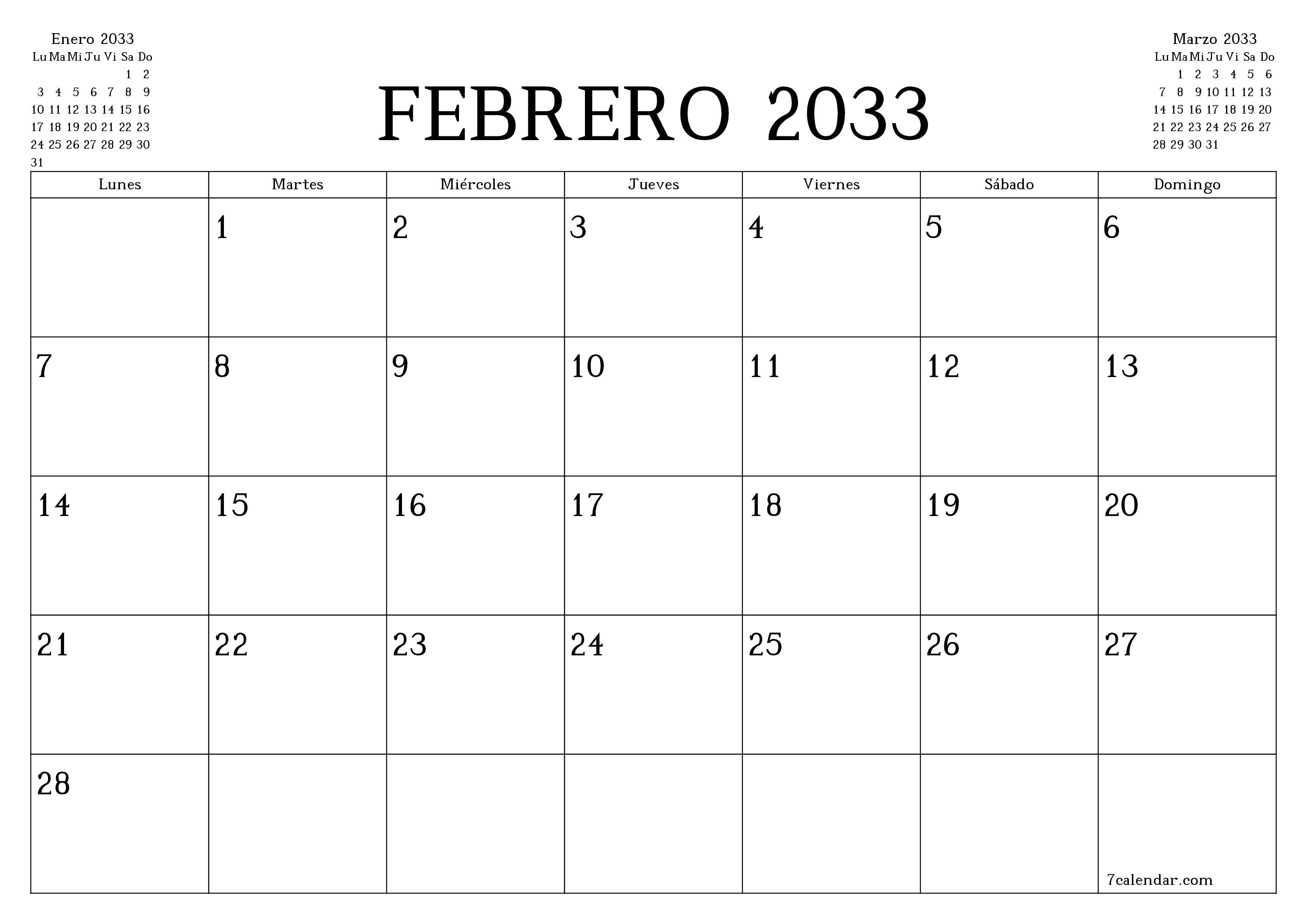 Planificador mensual vacío para el mes Febrero 2033 con notas, guardar e imprimir en PDF PNG Spanish