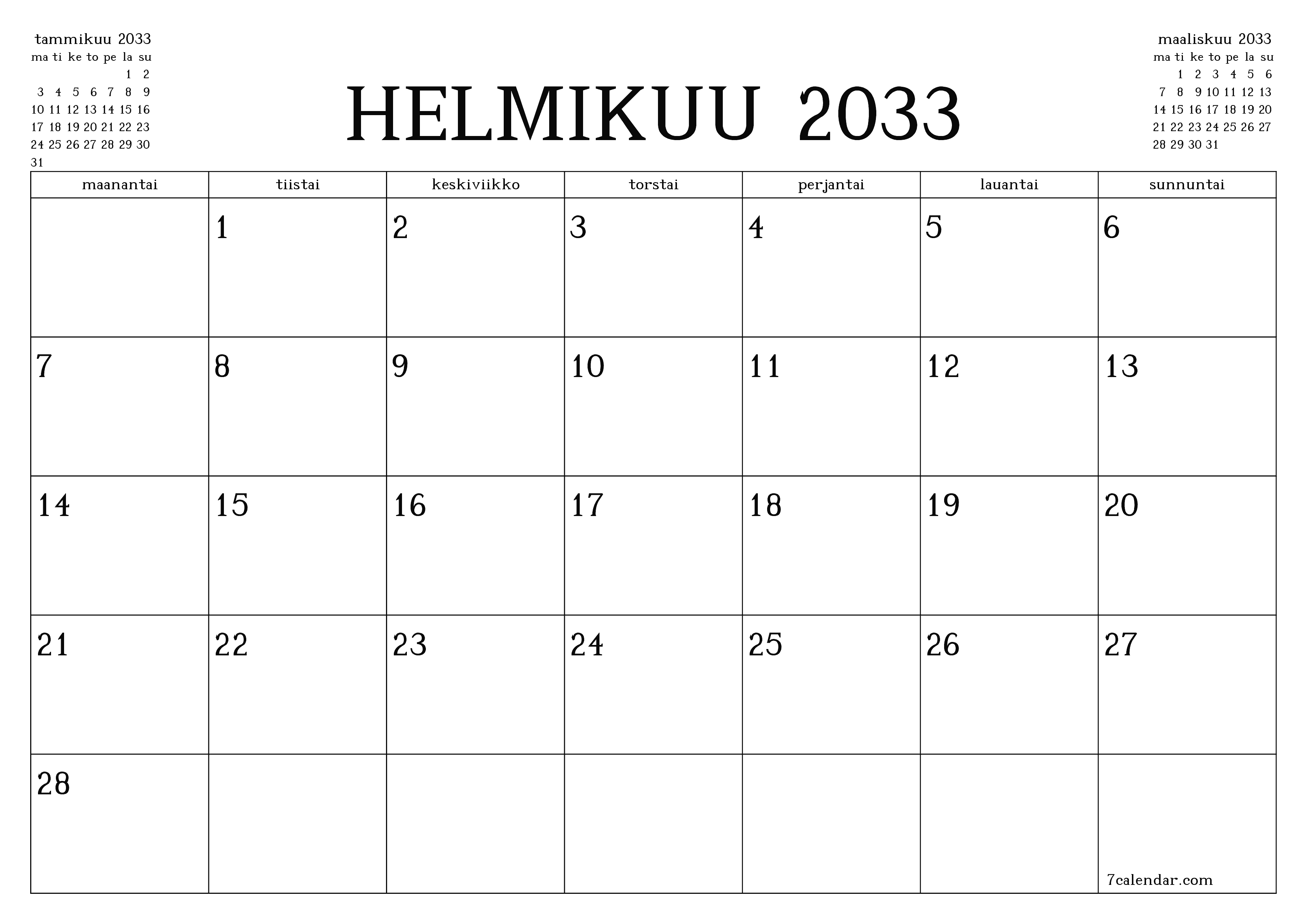 Tyhjennä kuukausittainen suunnittelija kuukaudelle Helmikuu 2033 muistiinpanoilla, tallenna ja tulosta PDF-muotoon PNG Finnish