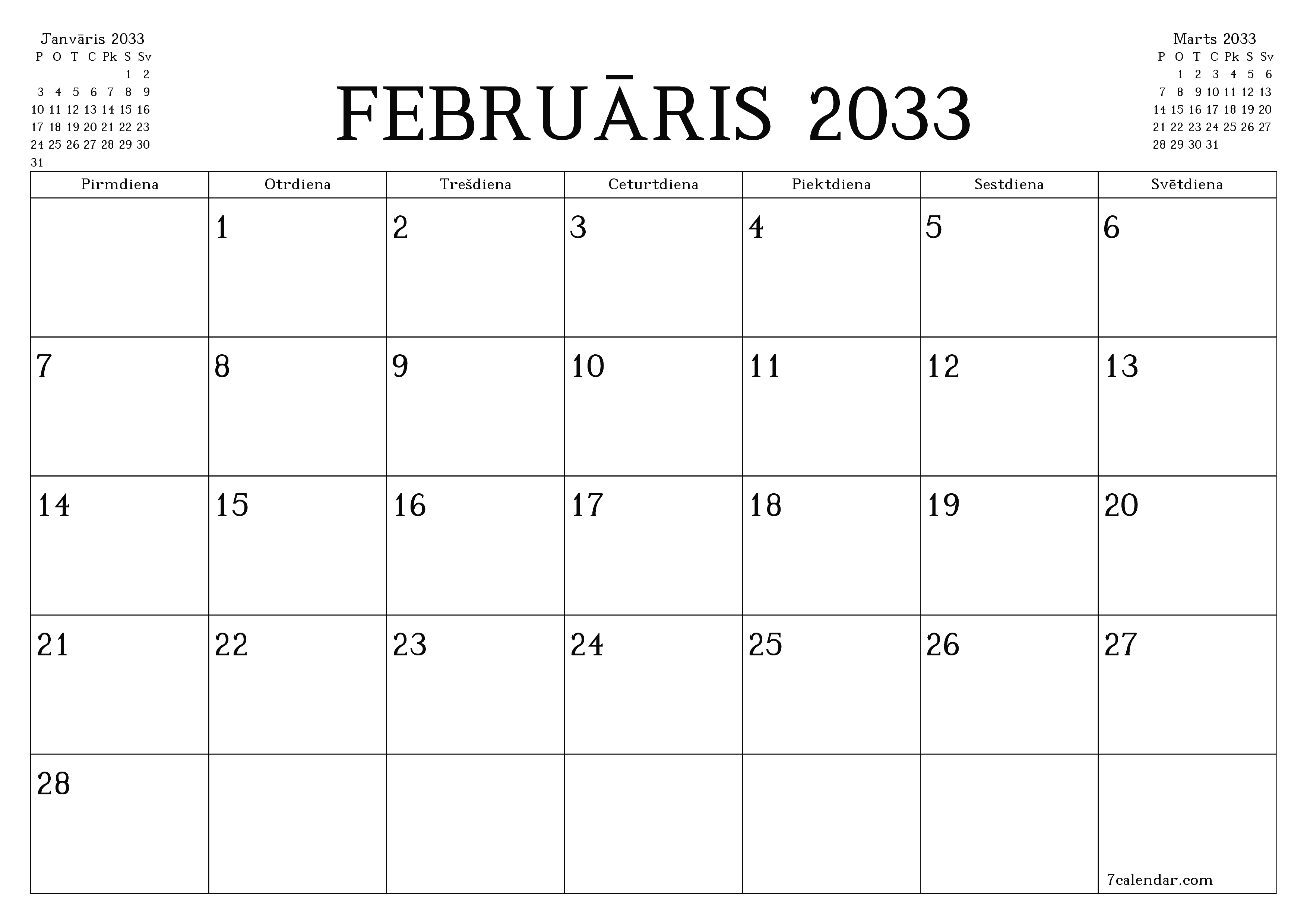 Iztukšot mēneša plānotāju mēnesim Februāris 2033 ar piezīmēm, saglabāt un izdrukāt PDF formātā PNG Latvian