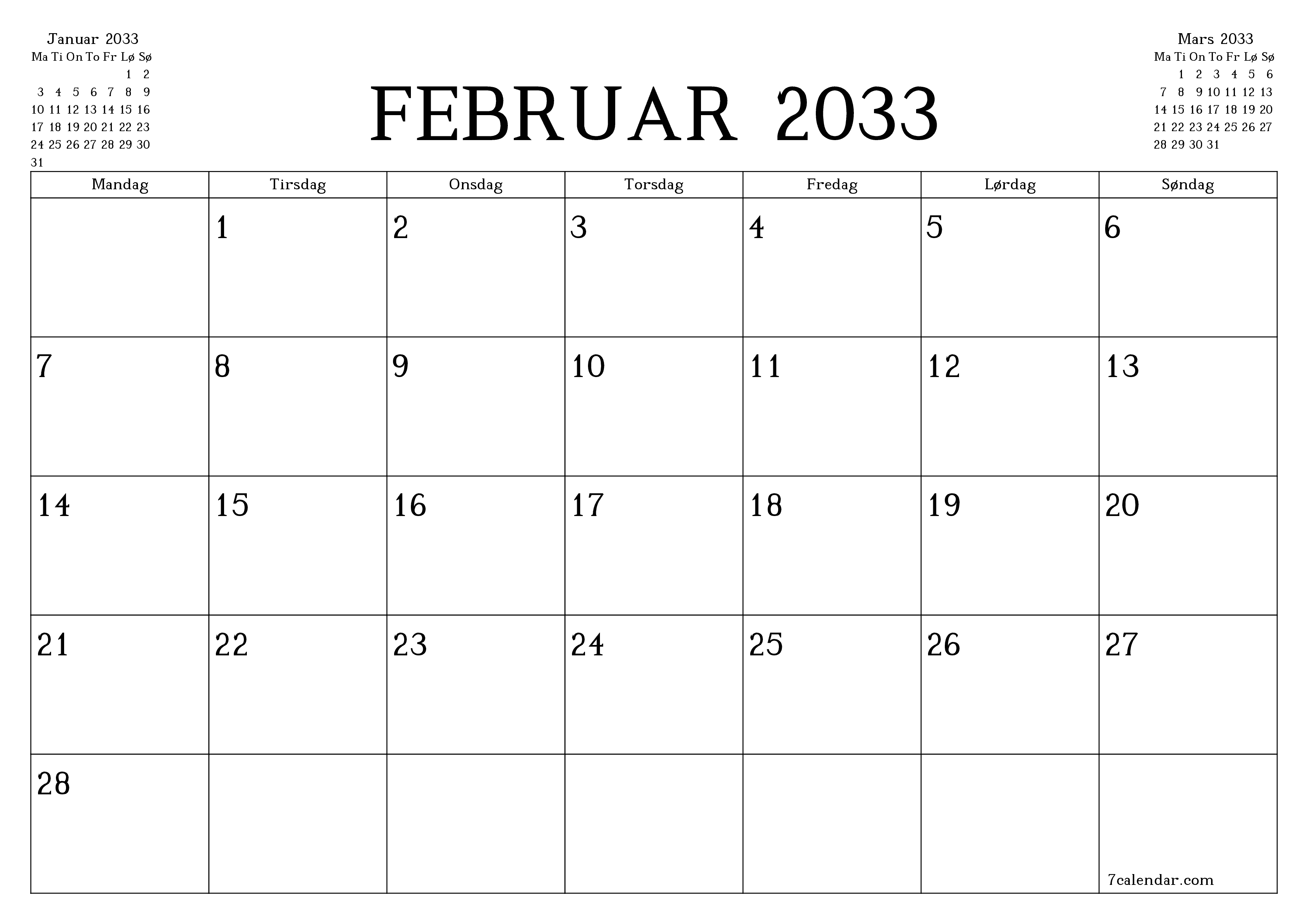 Tom månedlig planlegger for måned Februar 2033 med notater, lagre og skriv ut til PDF PNG Norwegian