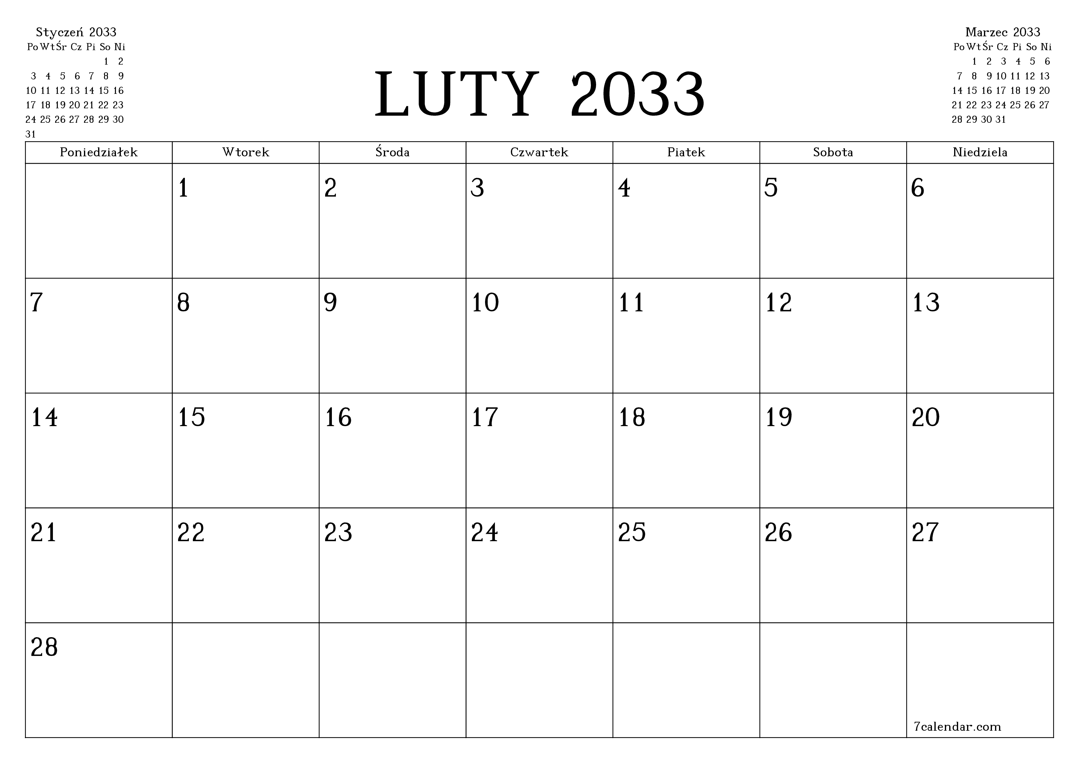 Opróżnij miesięczny planer na miesiąc Luty 2033 z notatkami, zapisz i wydrukuj w formacie PDF PNG Polish