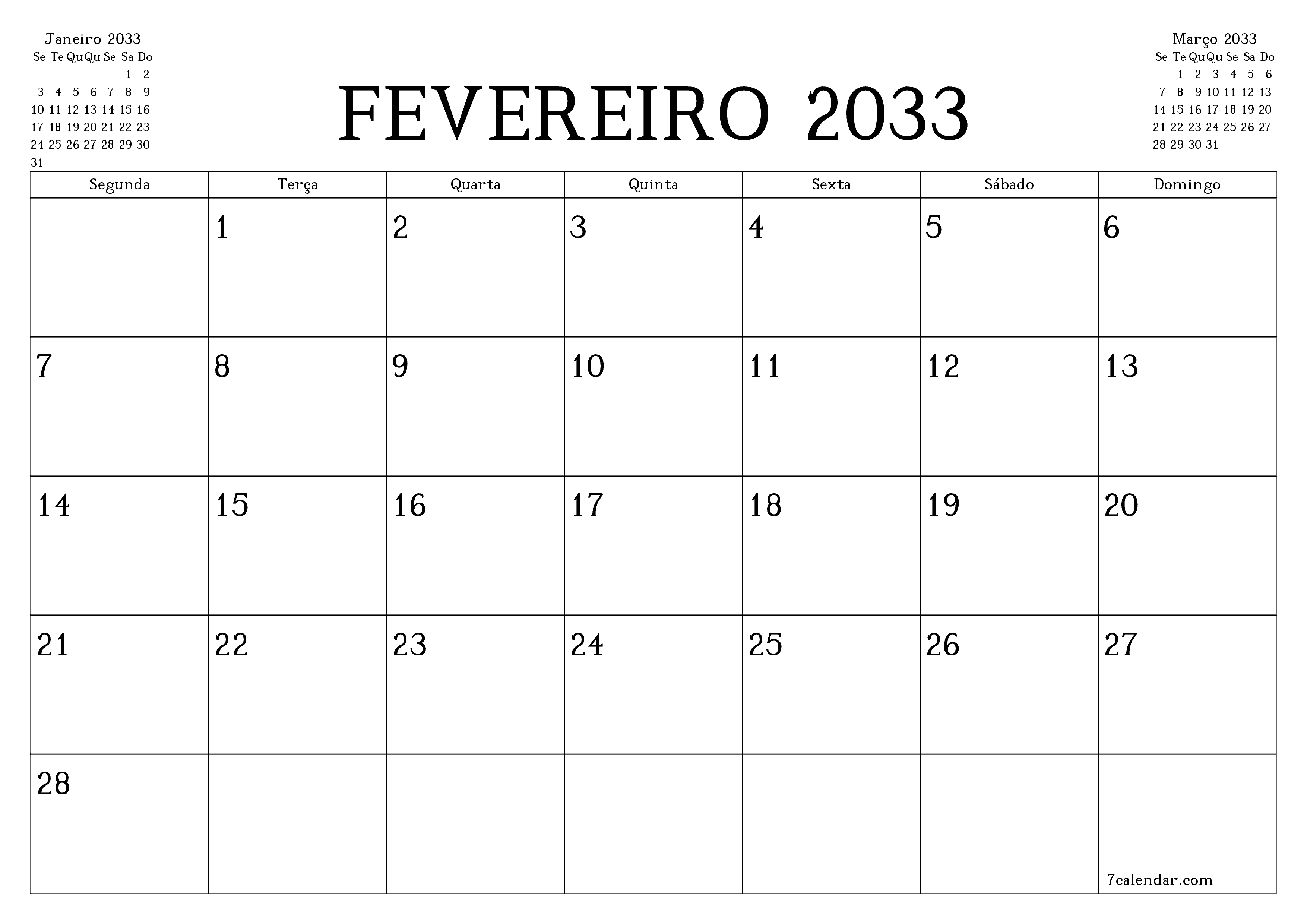 Esvazie o planejador mensal para o mês Fevereiro 2033 com notas, salve e imprima em PDF PNG Portuguese