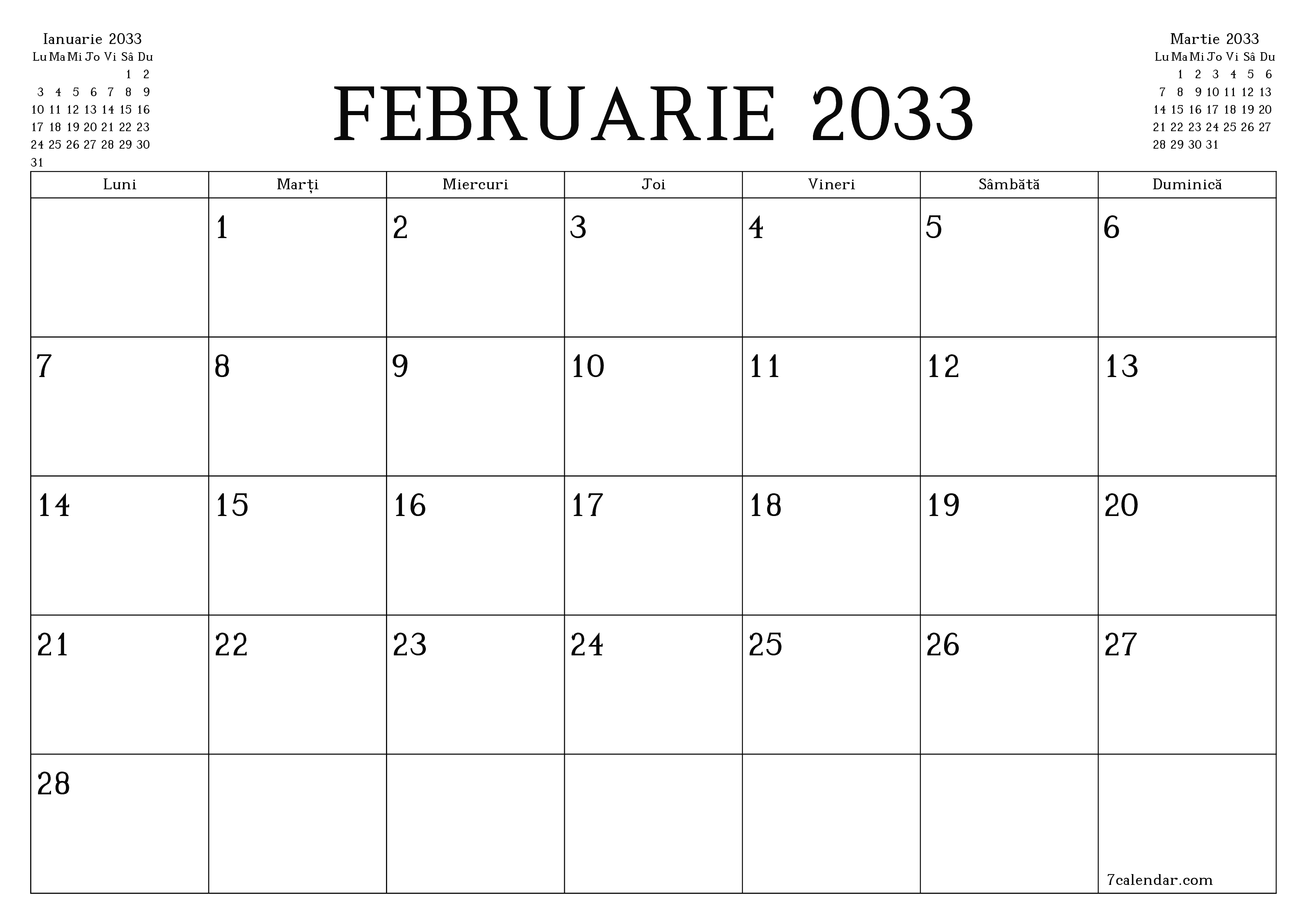 Planificator lunar gol pentru luna Februarie 2033 cu note, salvați și tipăriți în PDF PNG Romanian