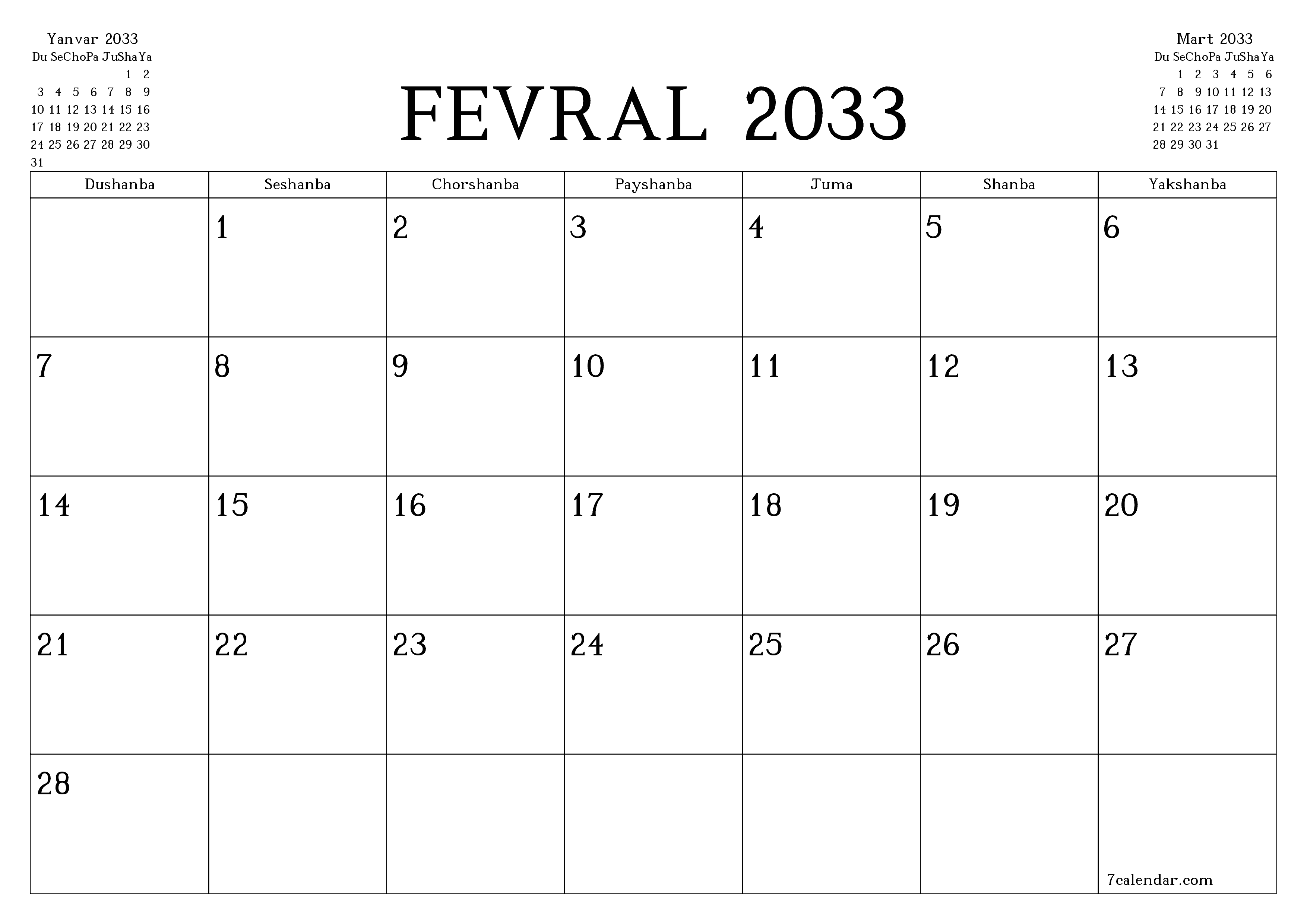 Fevral 2033 oylik oylik rejalashtiruvchini yozuvlar bilan bo'shatish, saqlash va PDF-ga chop etish PNG Uzbek