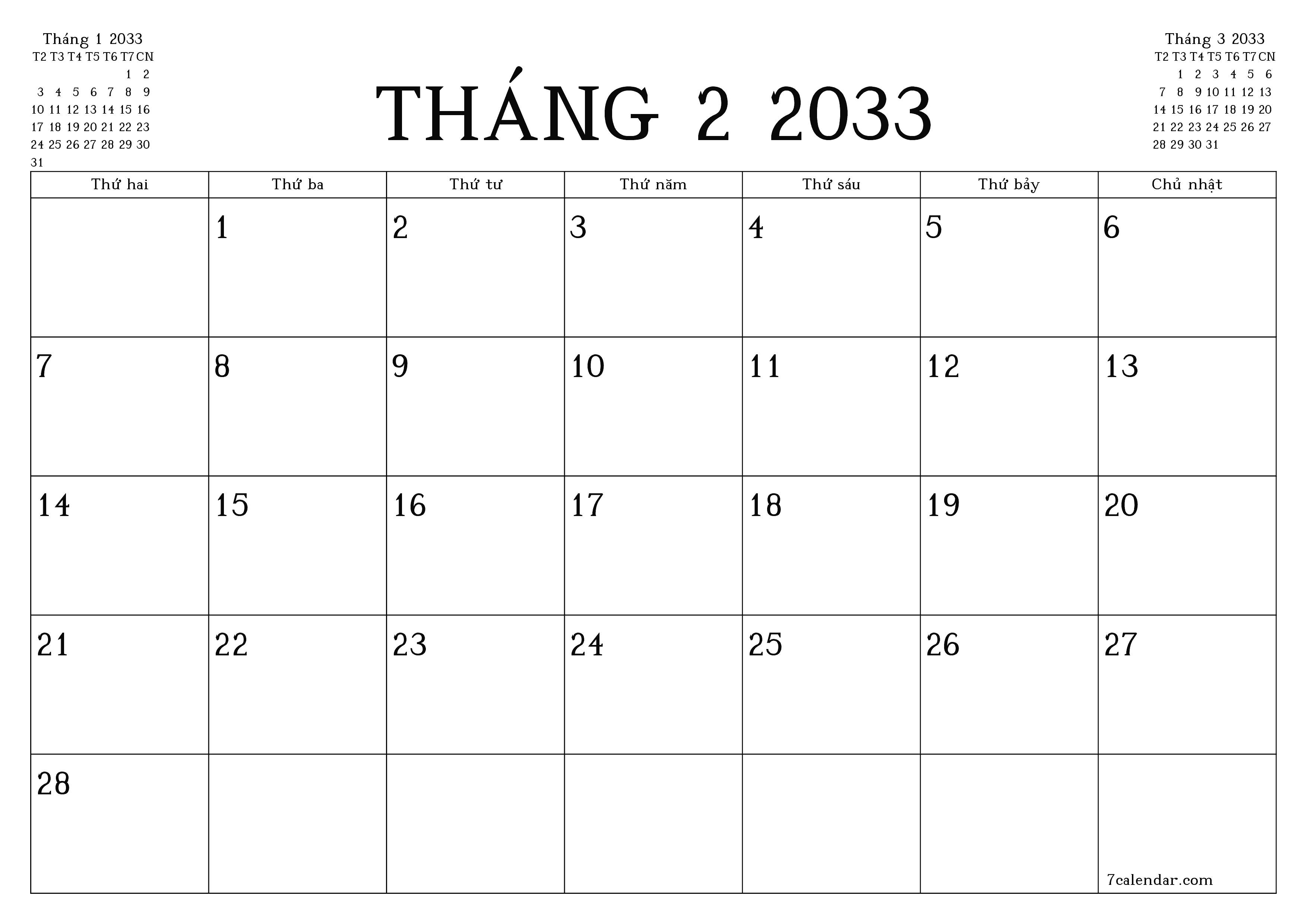 Công cụ lập kế hoạch hàng tháng trống cho tháng Tháng 2 2033 có ghi chú, lưu và in sang PDF PNG Vietnamese