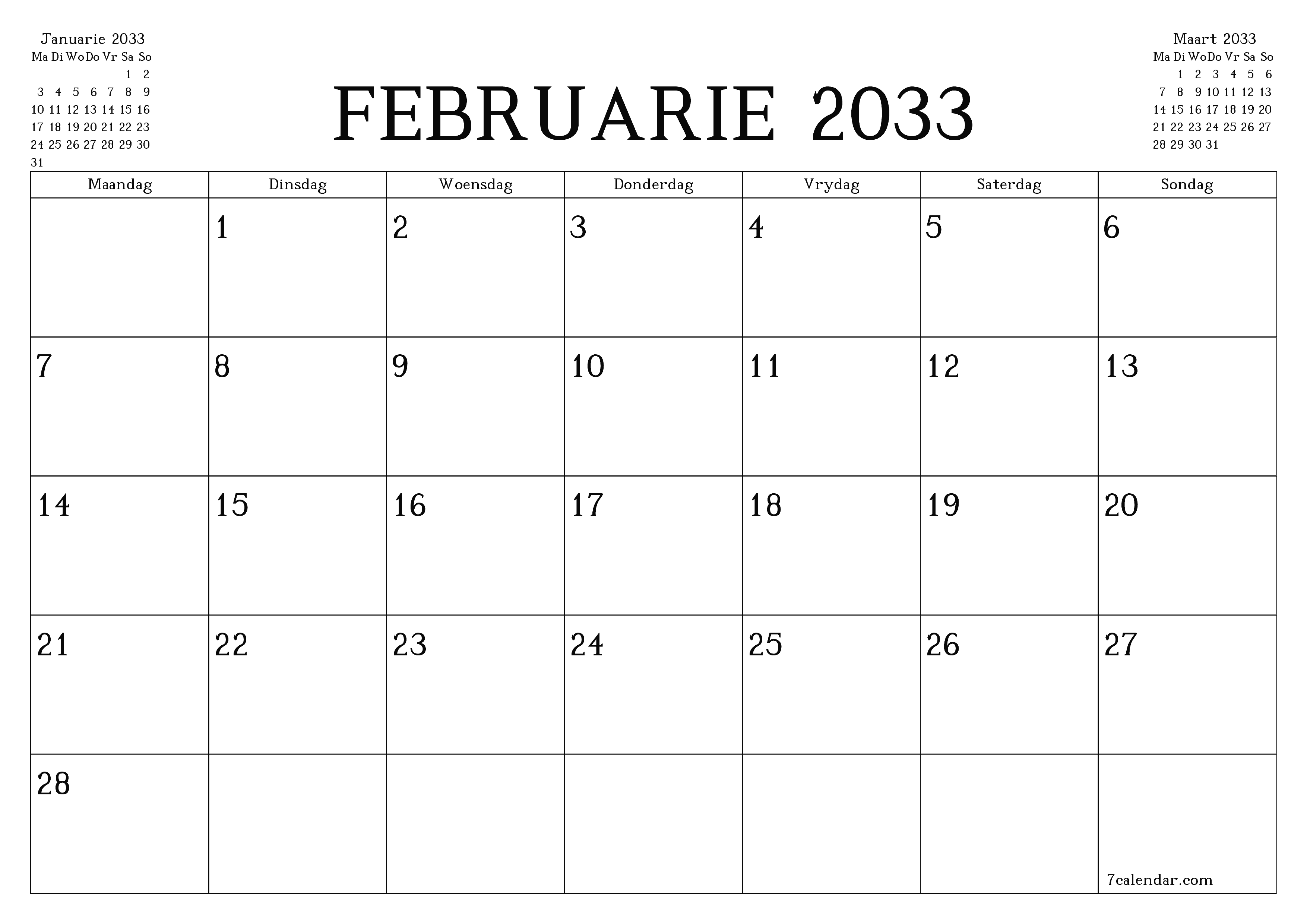 Leë maandelikse drukbare kalender en beplanner vir maand Februarie 2033 met notas stoor en druk na PDF PNG Afrikaans