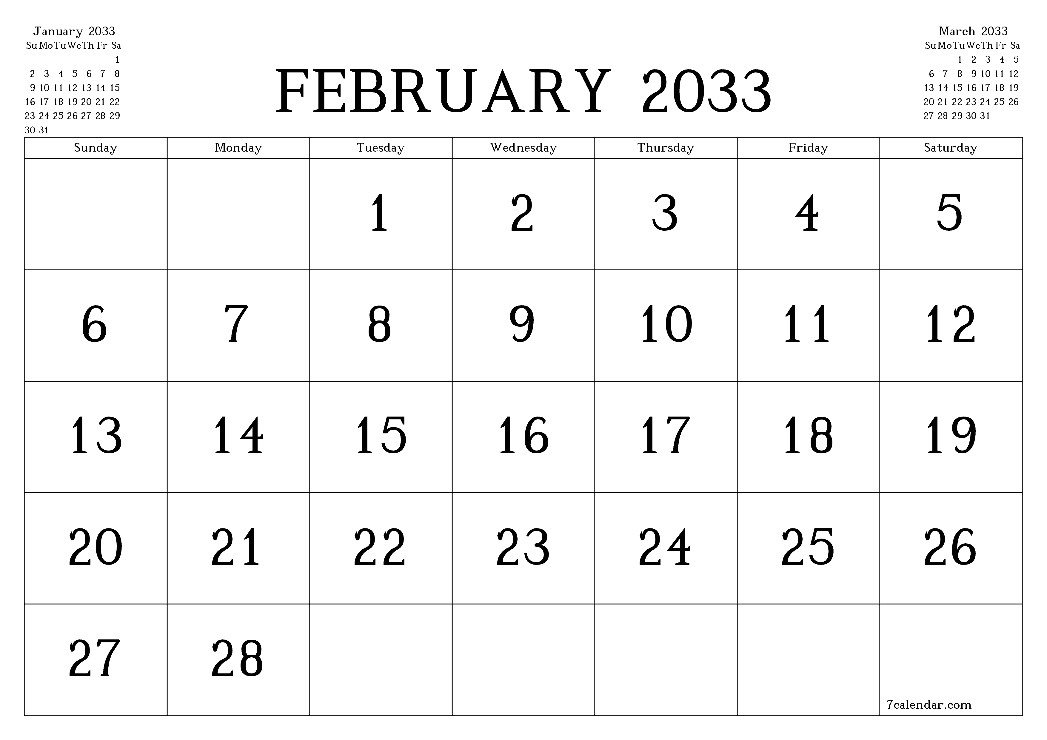 Blank calendar February 2033