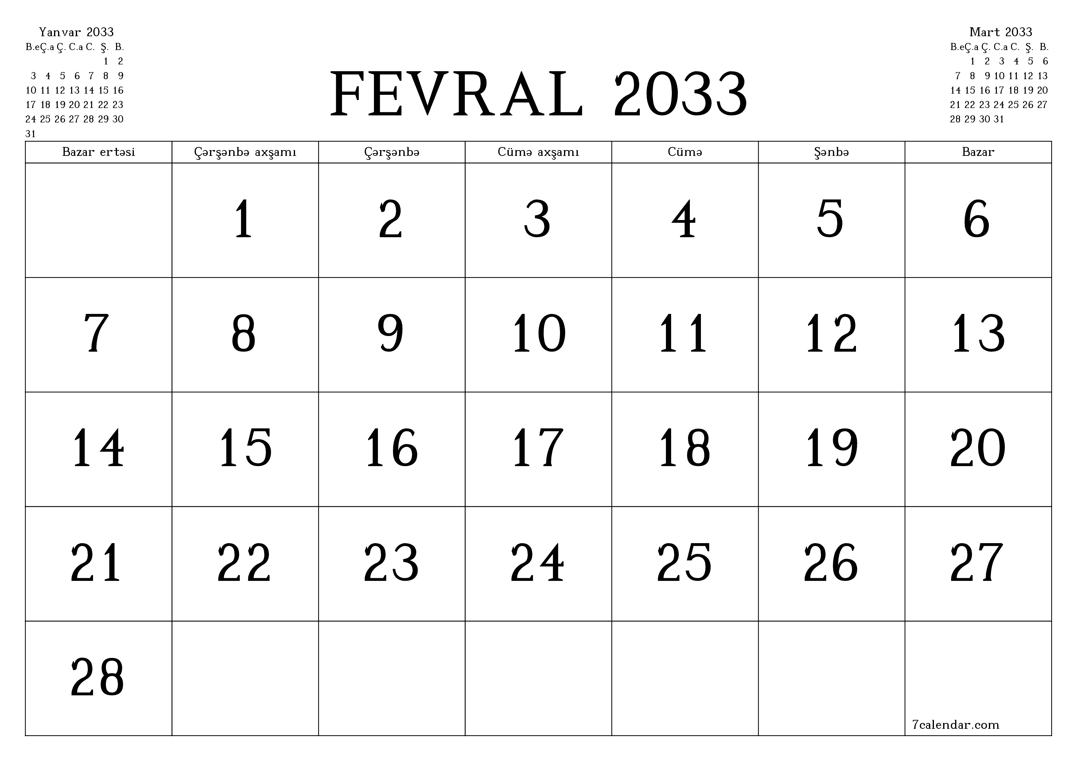 Fevral 2033 ayı üçün qeydlər ilə boş aylıq planlayıcı, qeyd edin və PDF-ə yazdırın PNG Azerbaijani