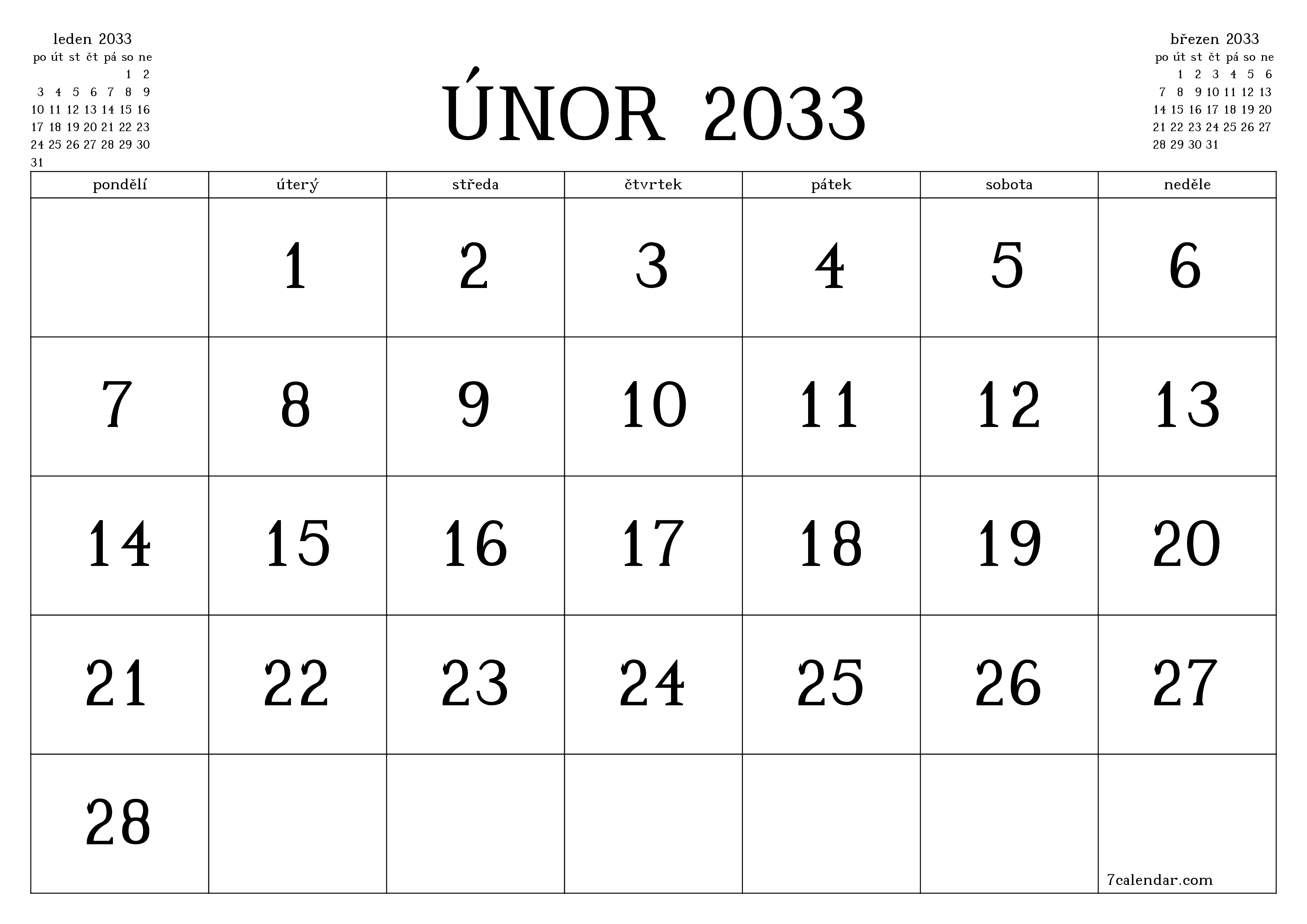 Vyprázdnit měsíční plánovač na měsíc únor 2033 s poznámkami, uložit a vytisknout do PDF PNG Czech