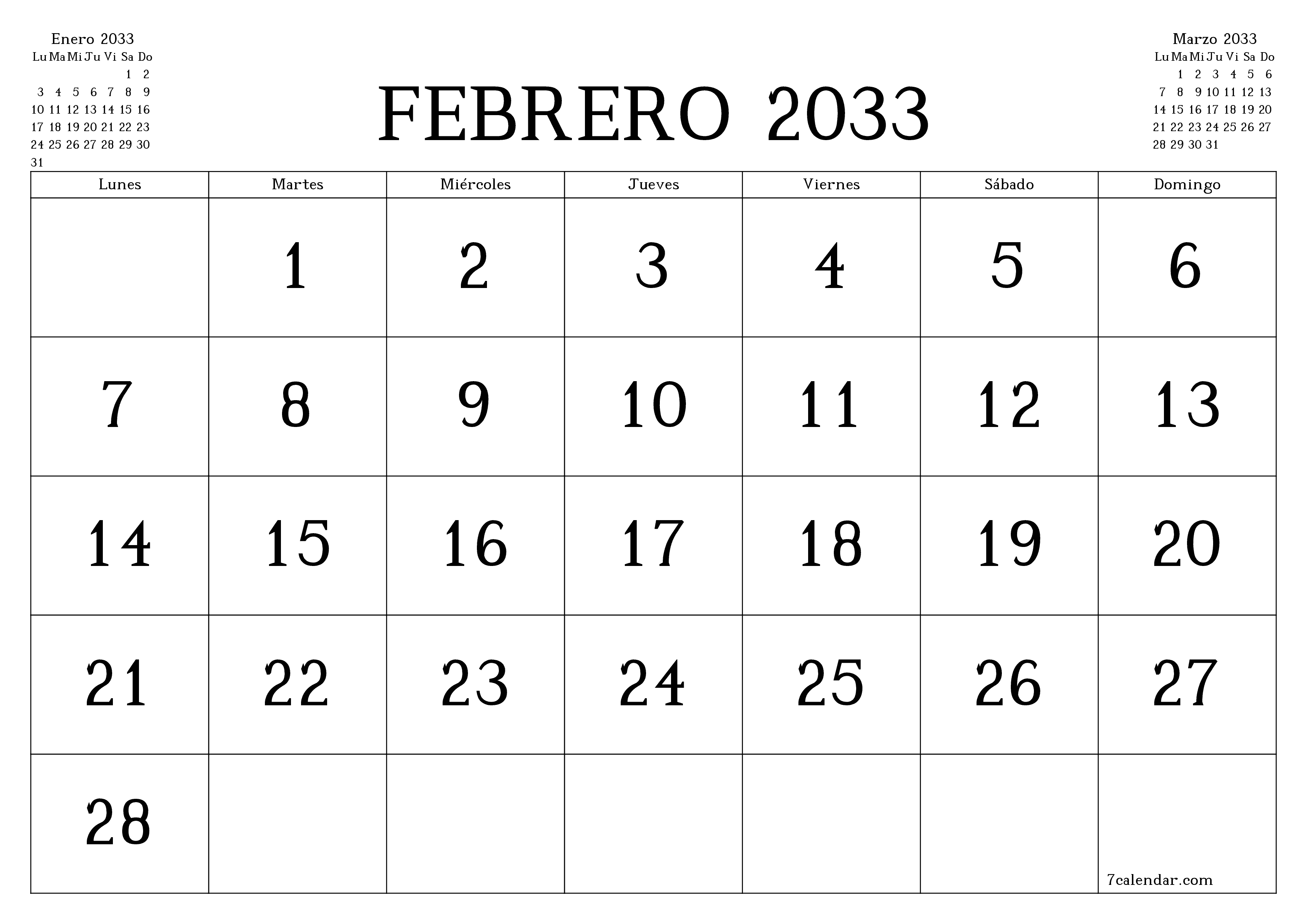 Planificador mensual vacío para el mes Febrero 2033 con notas, guardar e imprimir en PDF PNG Spanish
