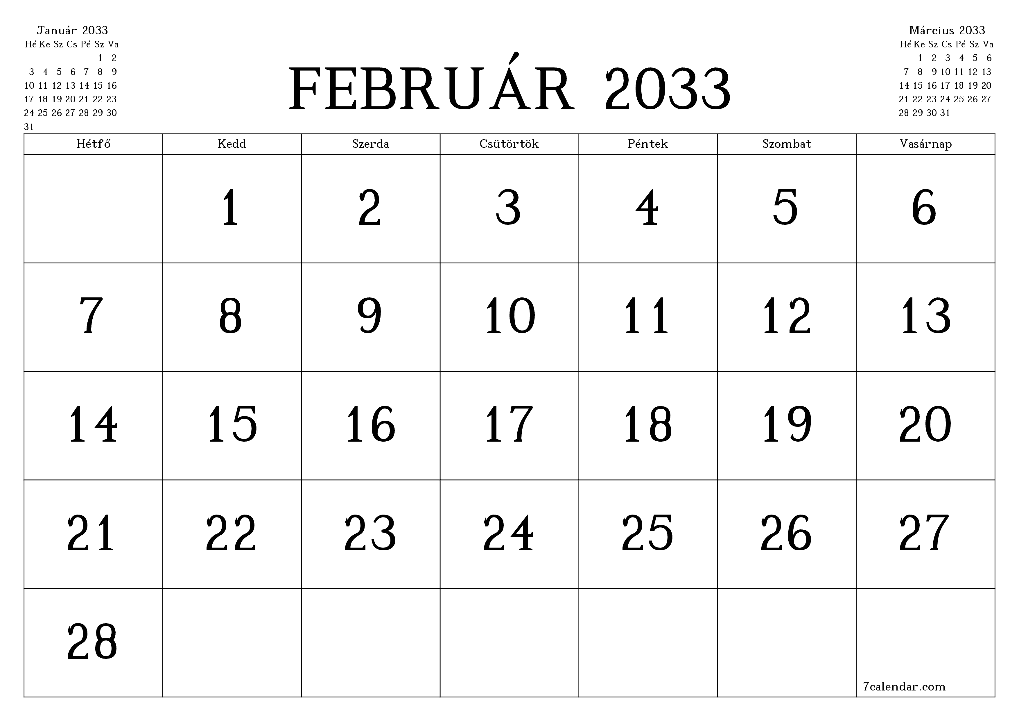 Üres havi tervező a Február 2033 hónapra jegyzetekkel, mentés és nyomtatás PDF-be PNG Hungarian