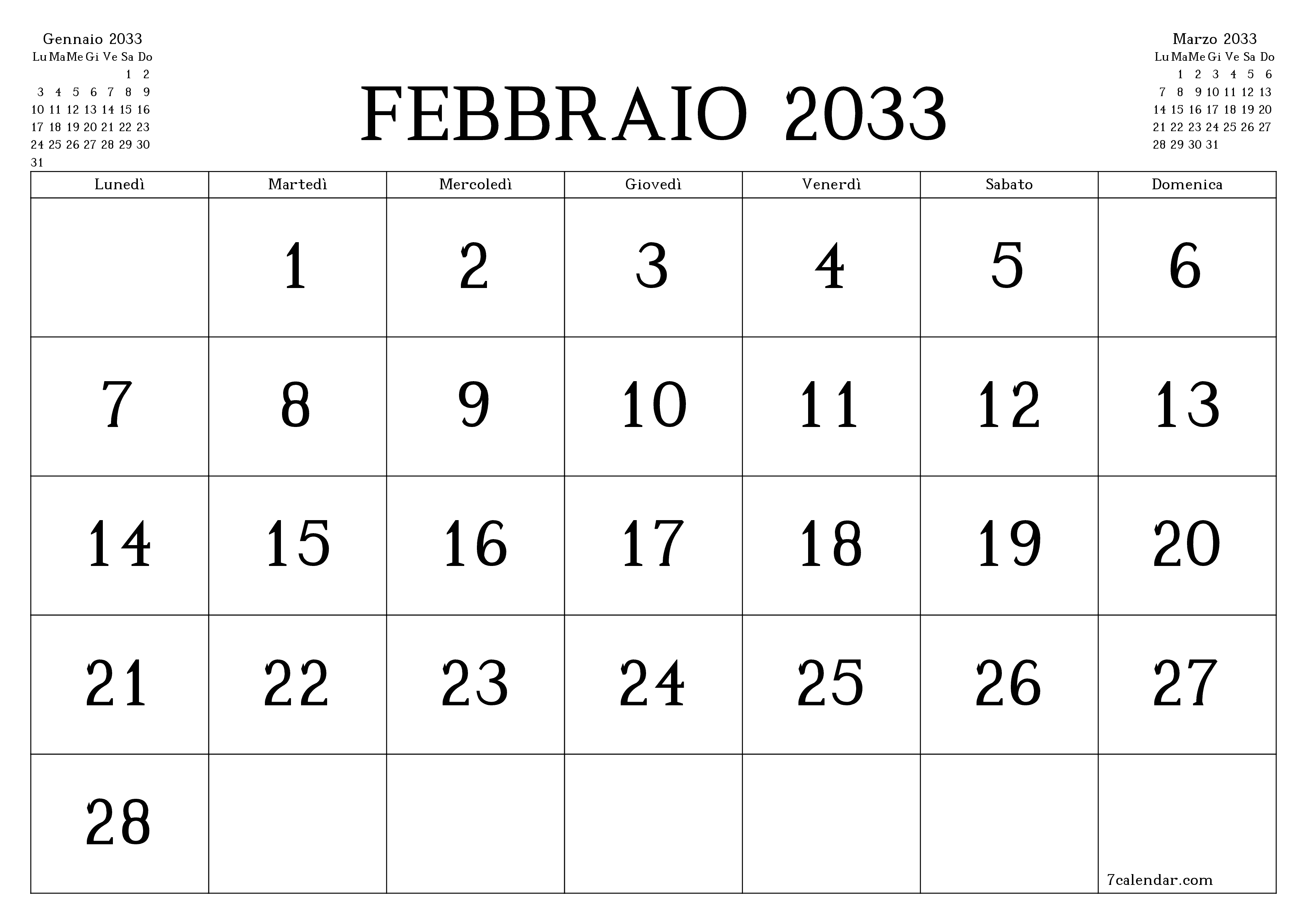 Pianificatore mensile vuoto per il mese Febbraio 2033 con note, salva e stampa in PDF PNG Italian