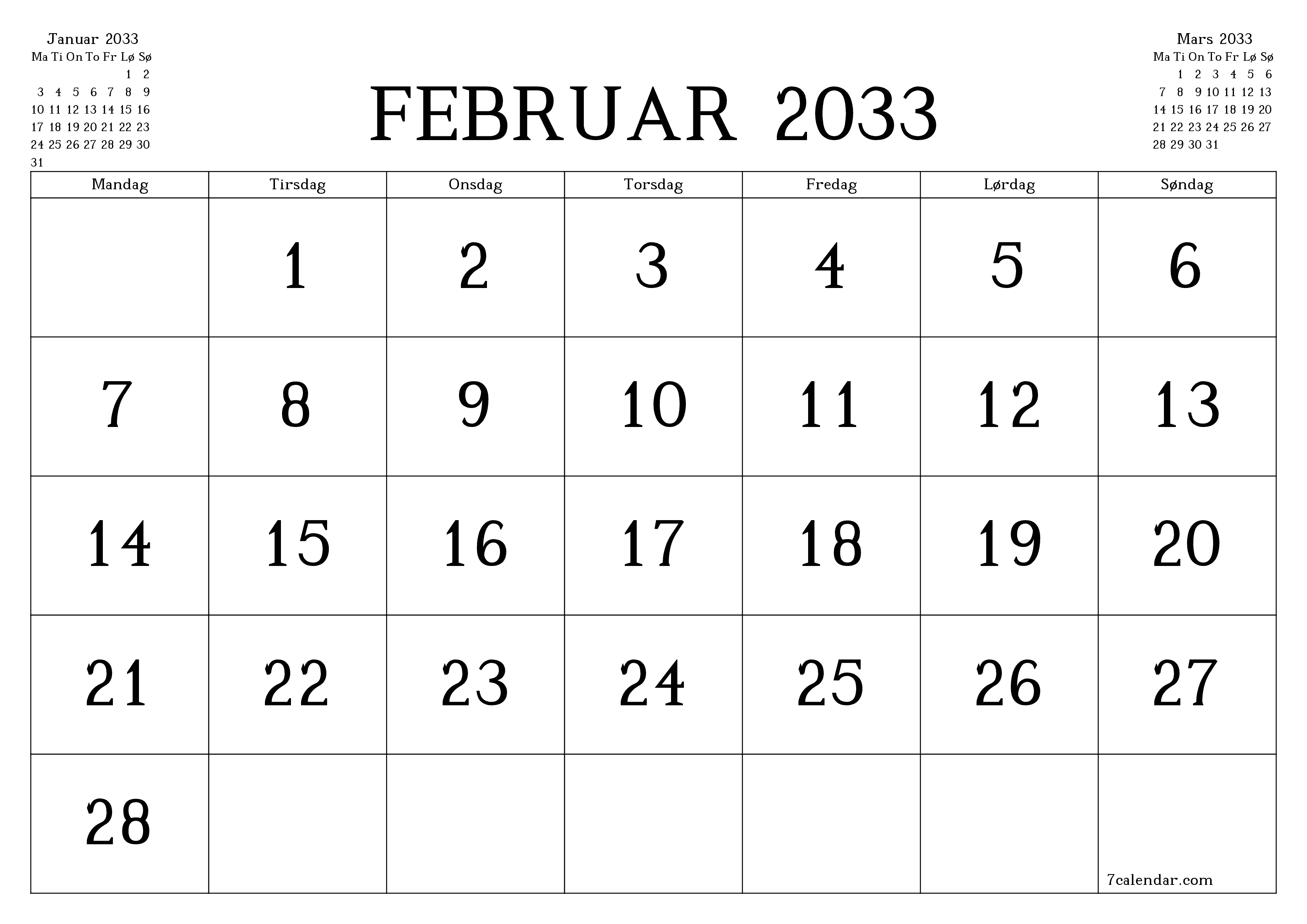 Tom månedlig planlegger for måned Februar 2033 med notater, lagre og skriv ut til PDF PNG Norwegian