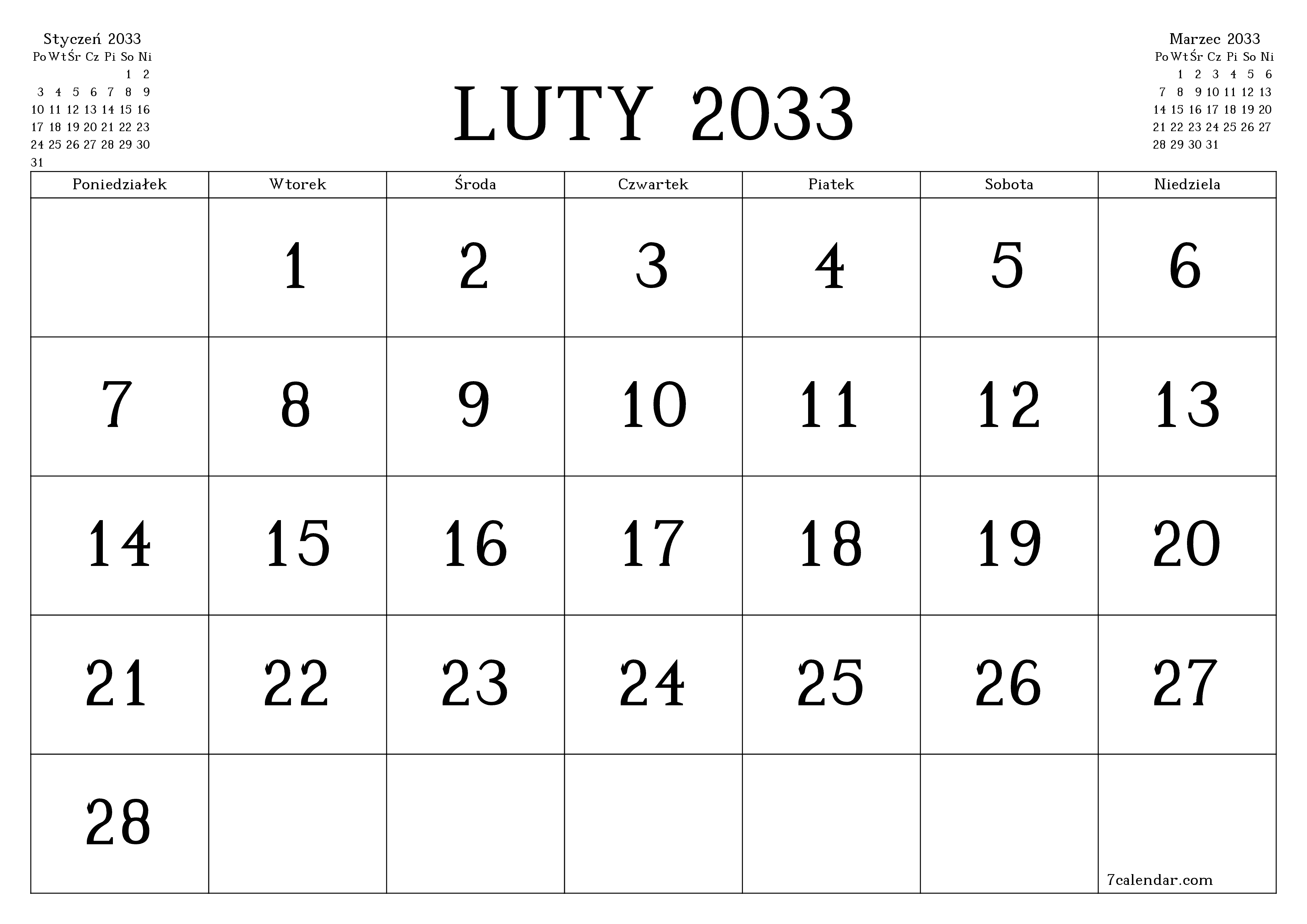 Opróżnij miesięczny planer na miesiąc Luty 2033 z notatkami, zapisz i wydrukuj w formacie PDF PNG Polish