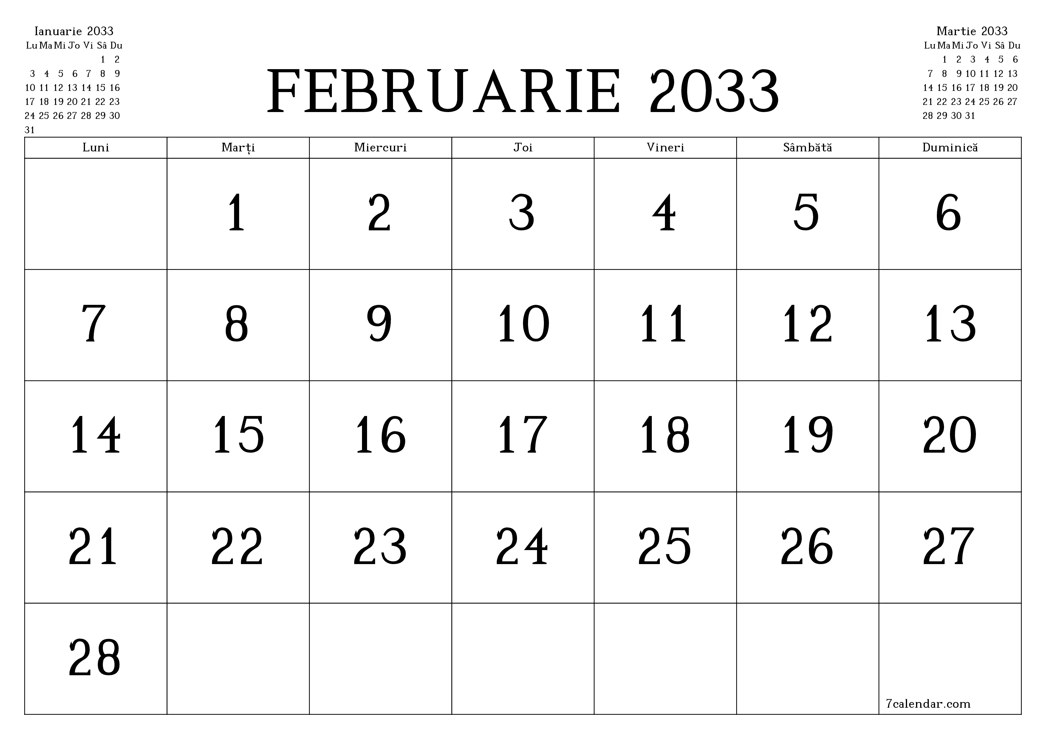 Planificator lunar gol pentru luna Februarie 2033 cu note, salvați și tipăriți în PDF PNG Romanian
