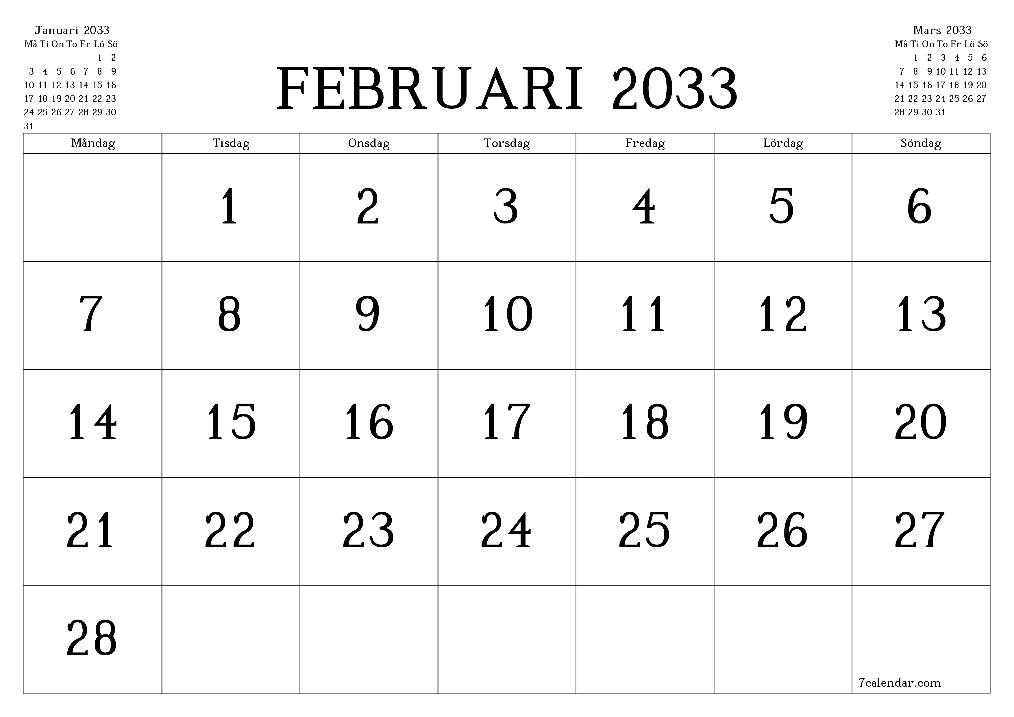 Tom månadsplanerare för månad Februari 2033 med anteckningar, spara och skriv ut till PDF PNG Swedish