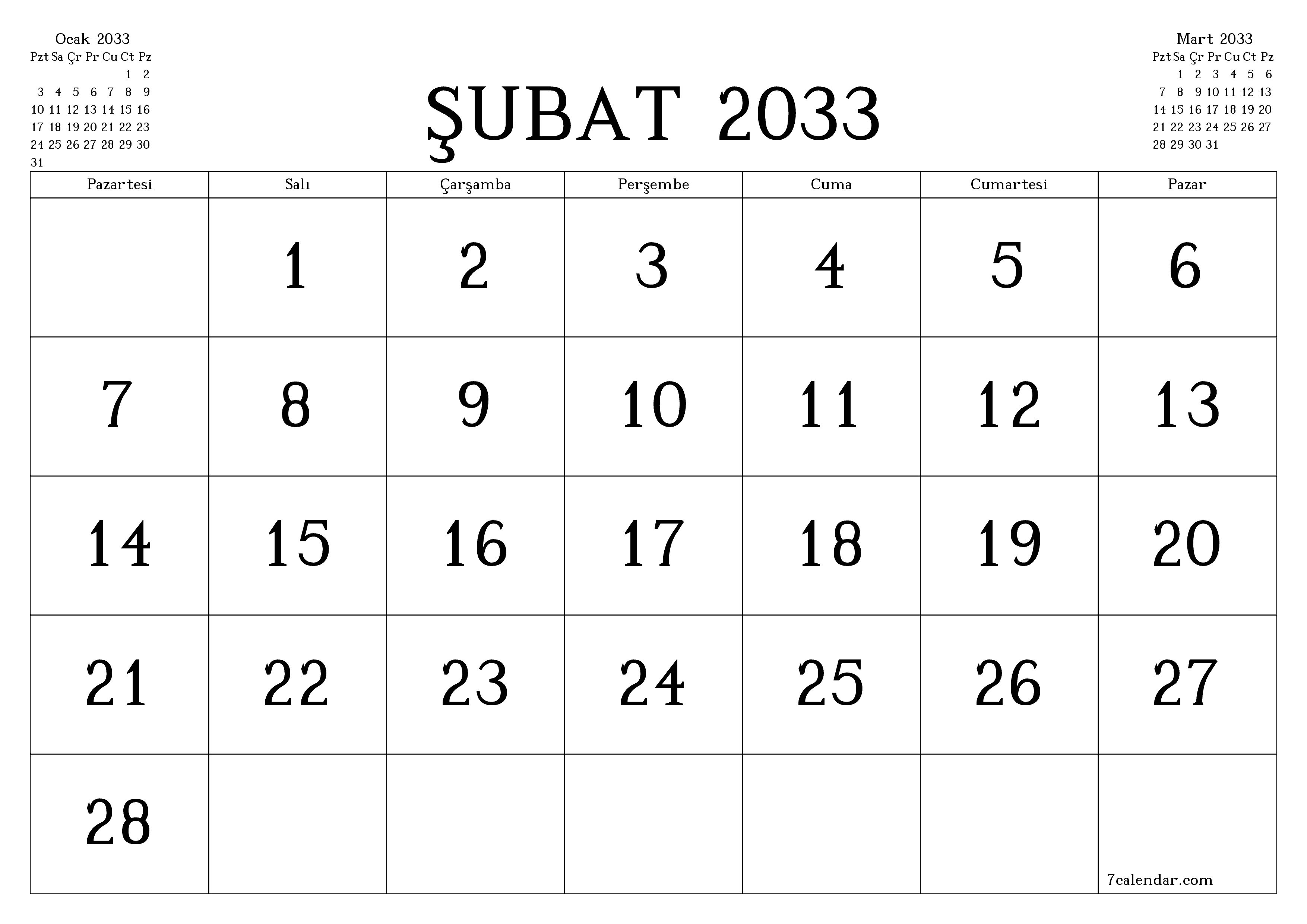 Şubat 2033 ayı için notlarla birlikte boş aylık planlayıcı, kaydedin ve PDF'ye yazdırın PNG Turkish