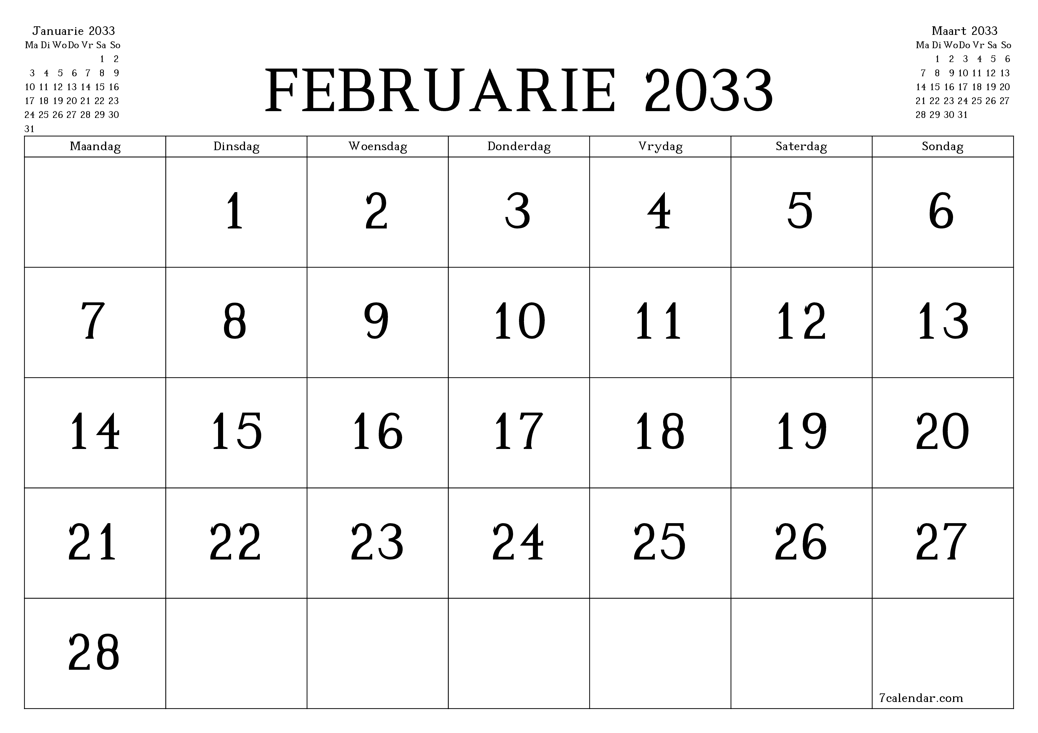 Leë maandelikse drukbare kalender en beplanner vir maand Februarie 2033 met notas stoor en druk na PDF PNG Afrikaans