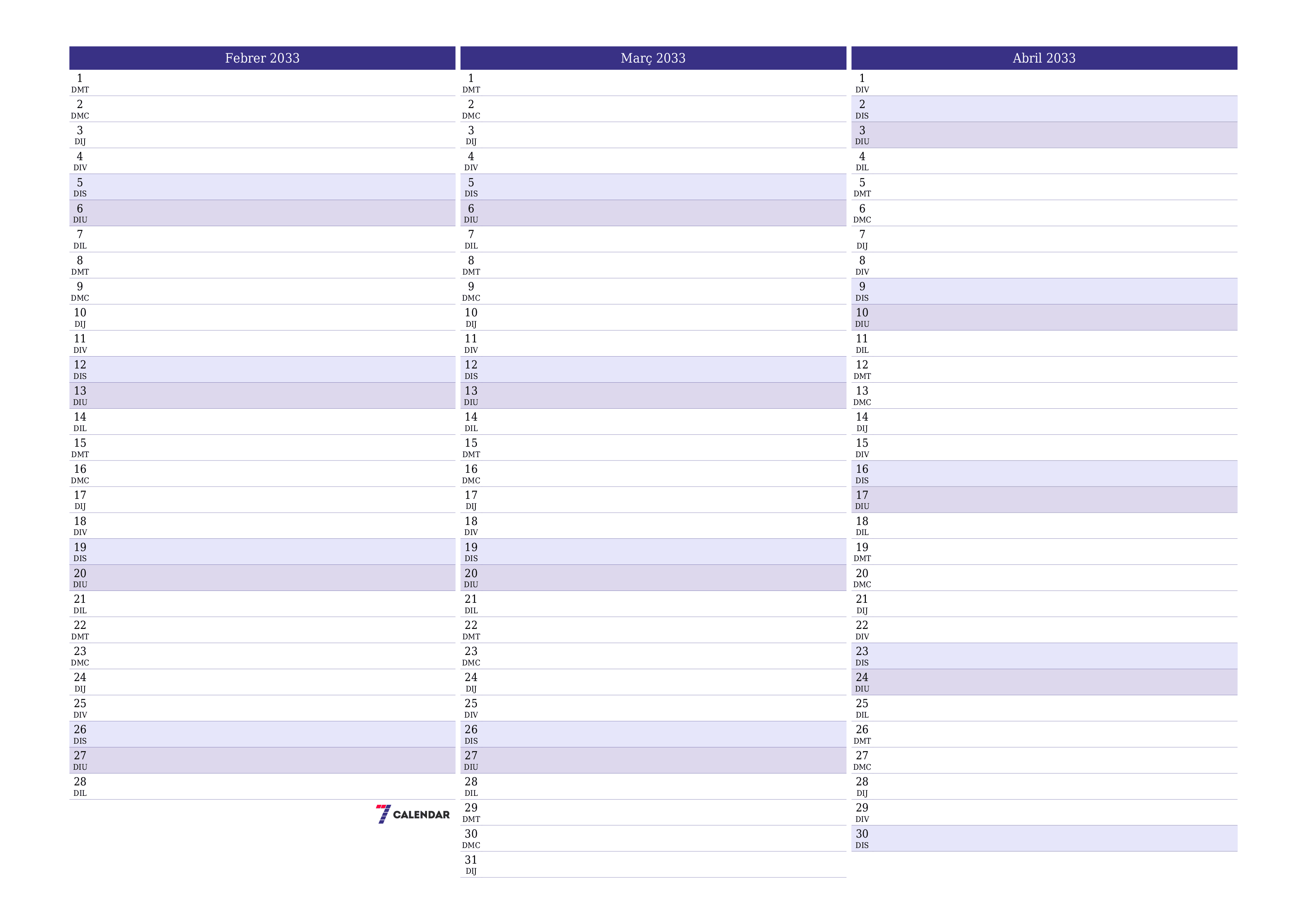 Planificador mensual buit del mes Febrer 2033 amb notes, deseu-lo i imprimiu-lo en format PDF PNG Catalan