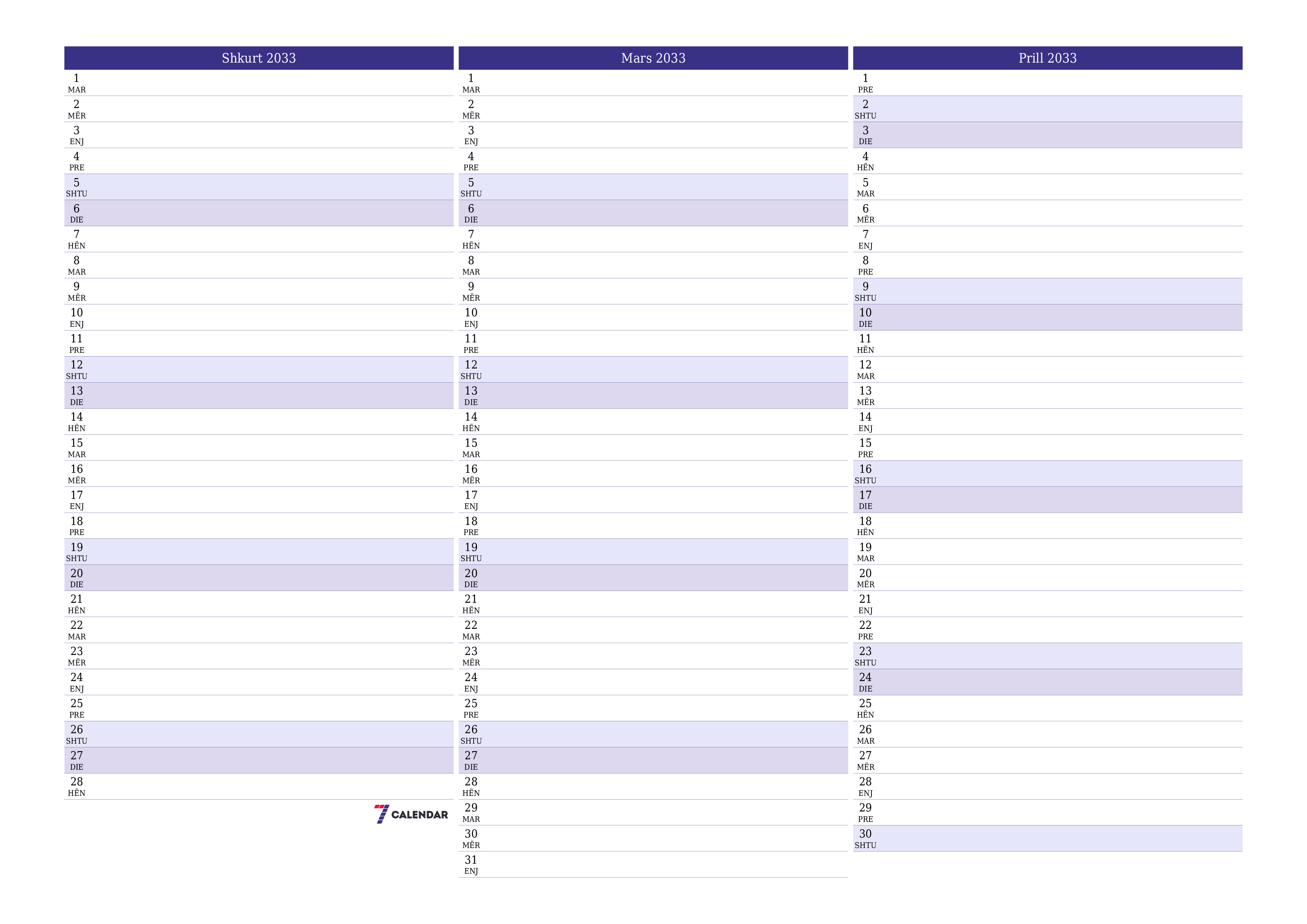 Planifikuesi i zbrazët i kalendarit mujor për muajin Shkurt 2033 me shënime të ruajtura dhe të printuara në PDF PNG Albanian